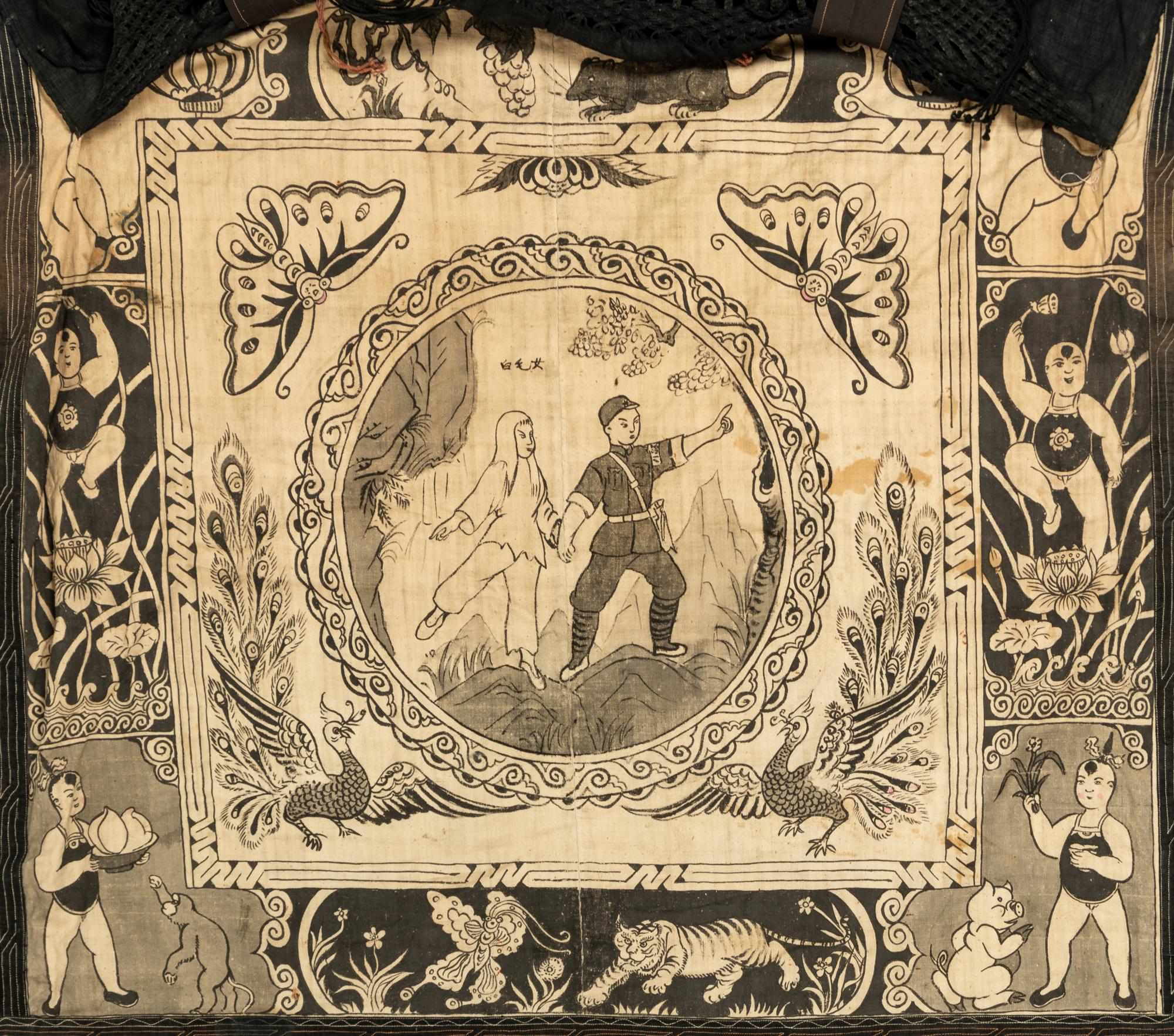 Four Chinese Painted Textile 'Wedding' Panels