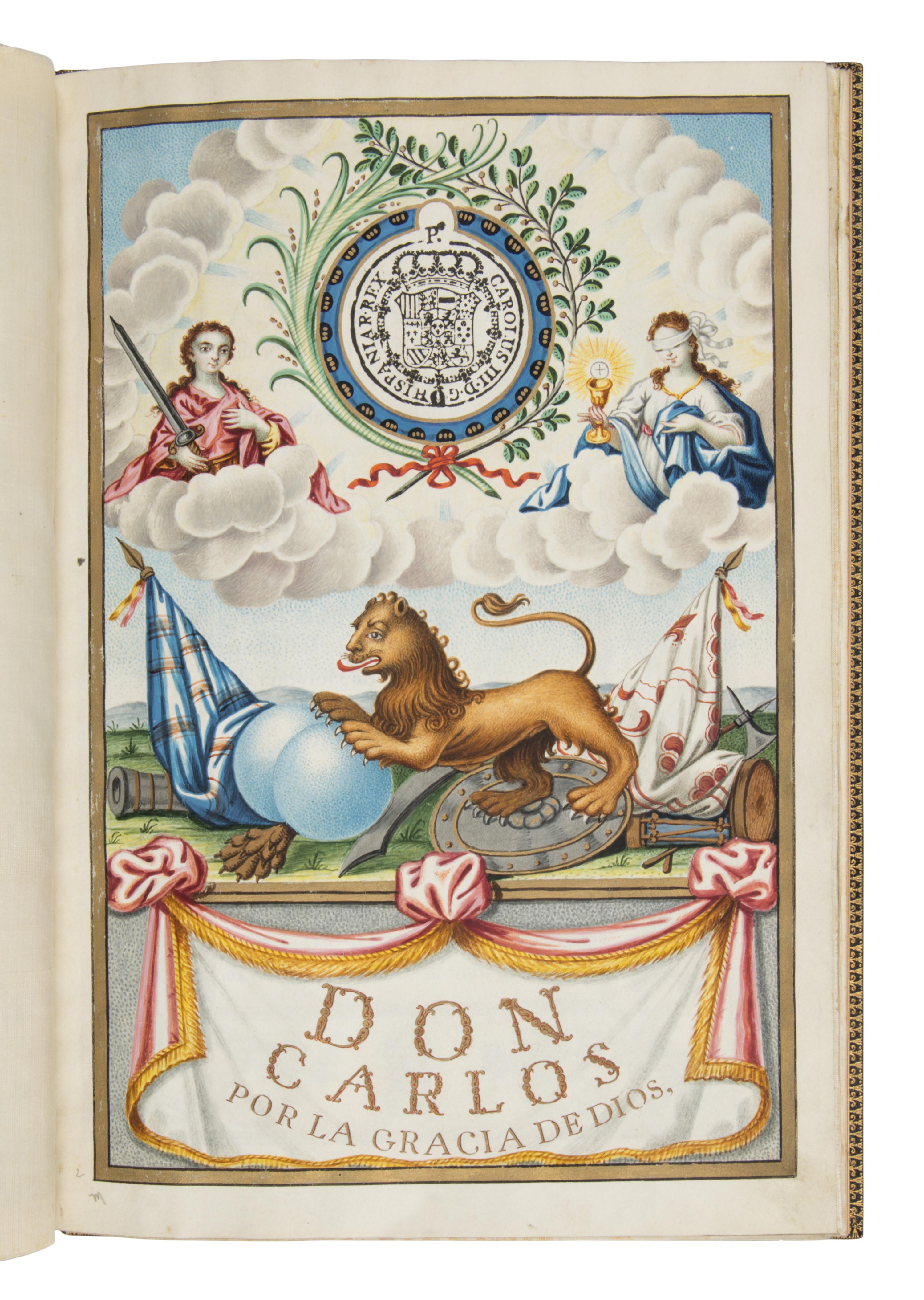 SPANISH ROYAL CHANCERY Carta ejecutoria de hidalguía (for Don Luis María Buffile de Brancàs), in Spanish, illuminated manuscript on parchment [Spain, Madrid (issued at San Ildefonso), 1785]