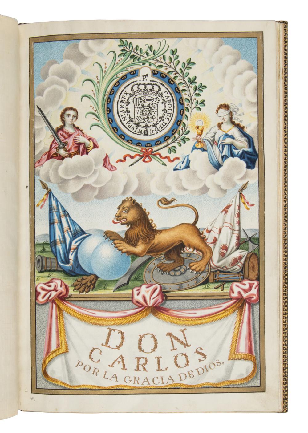 SPANISH ROYAL CHANCERY Carta ejecutoria de hidalguía (for Don Luis María Buffile de Brancàs), in Spanish, illuminated manuscript on parchment [Spain, Madrid (issued at San Ildefonso), 1785]