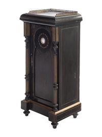 A Pair of English Aesthetic Jasperware Medallion-Mounted Ebonized and Parcel-Gilt Pedestal Cabinets