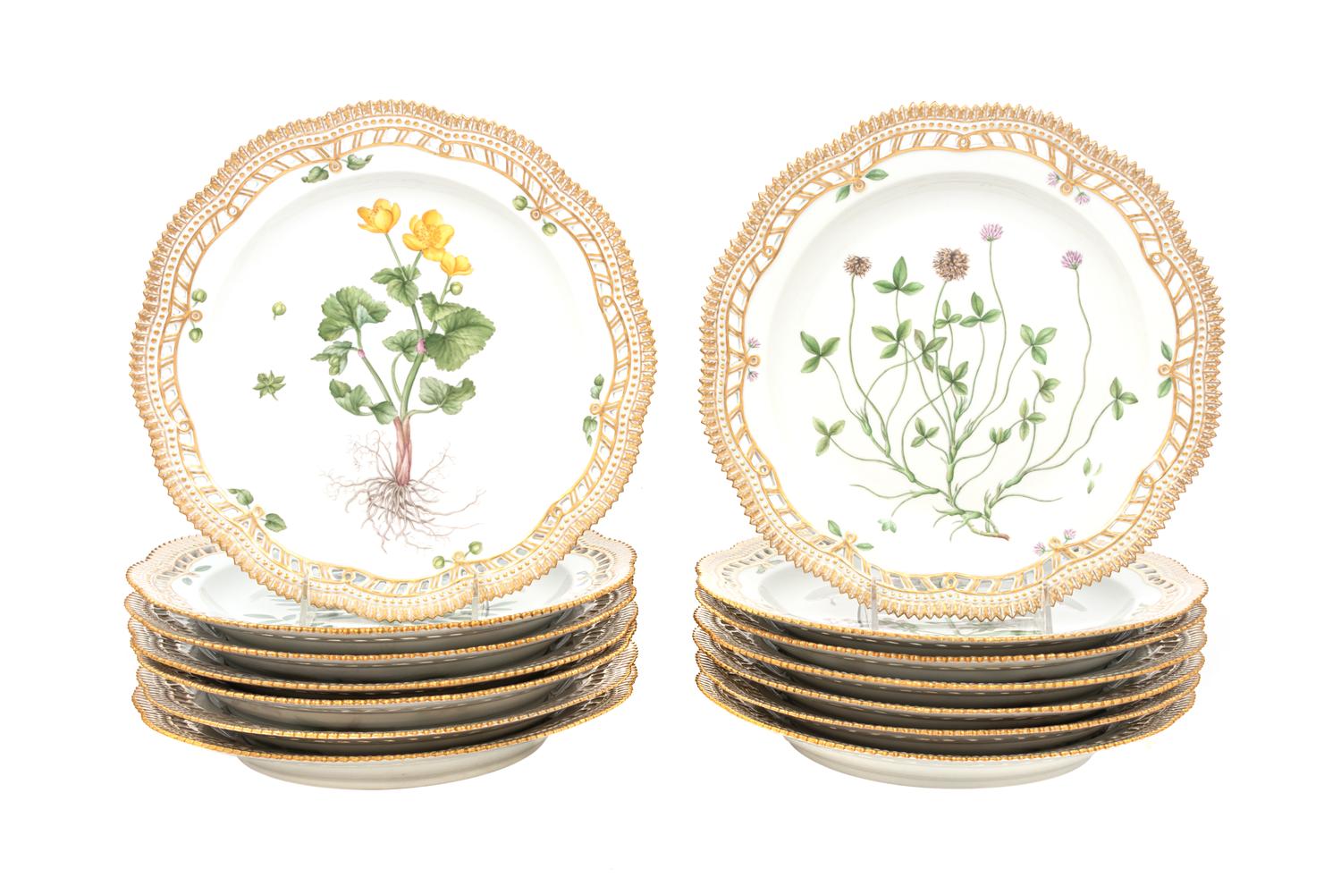 A Set of Fourteen Royal Copenhagen Flora Danica Dinner Plates