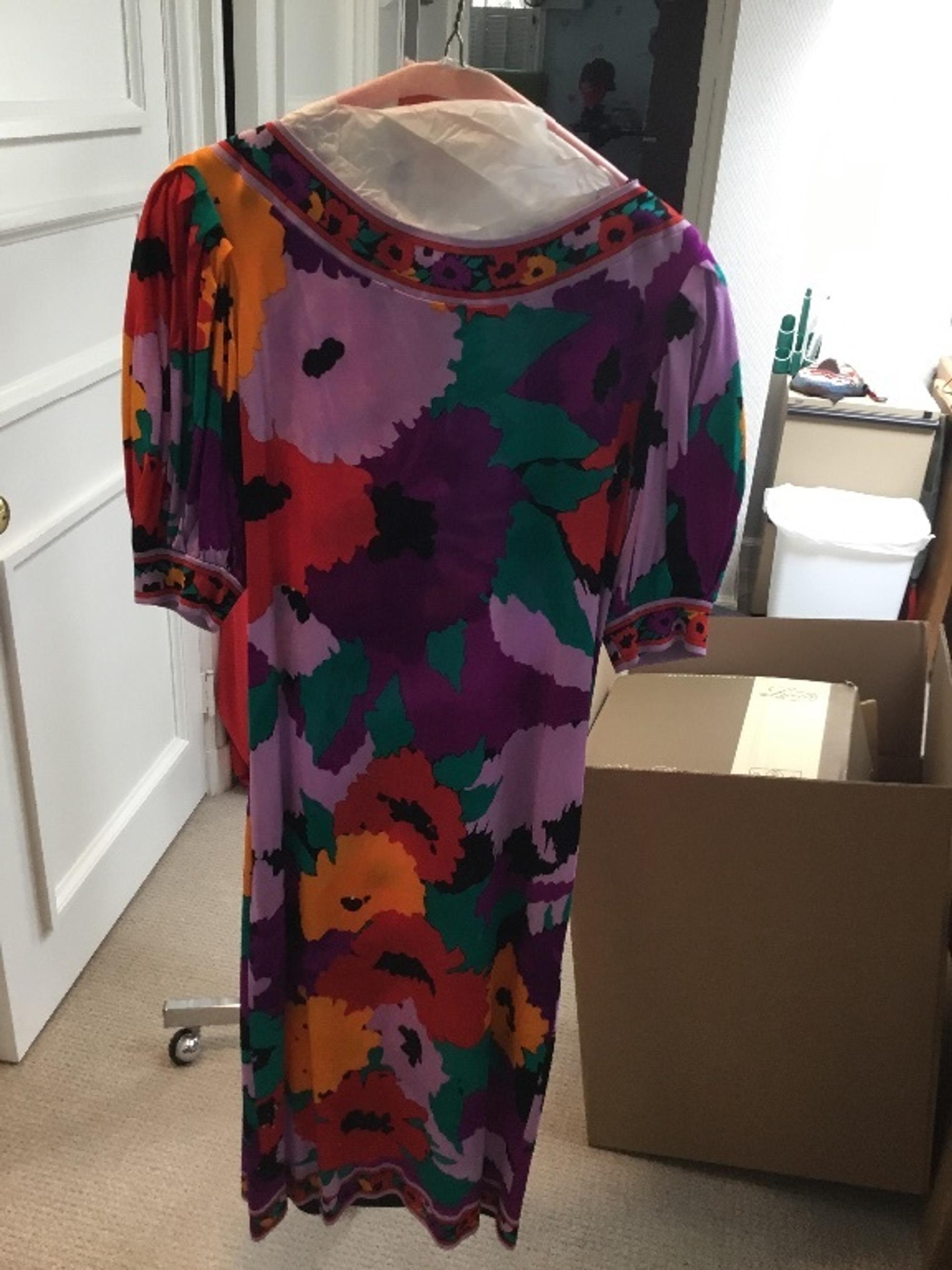 A Leonard Purple Silk Floral Dress, No size; Belt: 55.5" x .75".