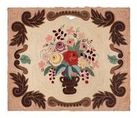 A Cotton Floral Urn and Brown Acanthus Leaf Decorated Hooked Rug