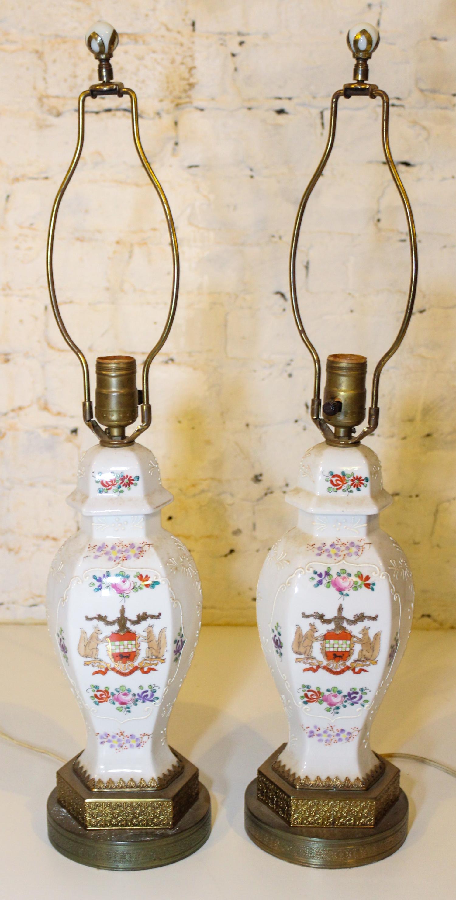 A Pair of Samson Porcelain Vases Mounted as Lamps. Height of porcelain 11 inches.