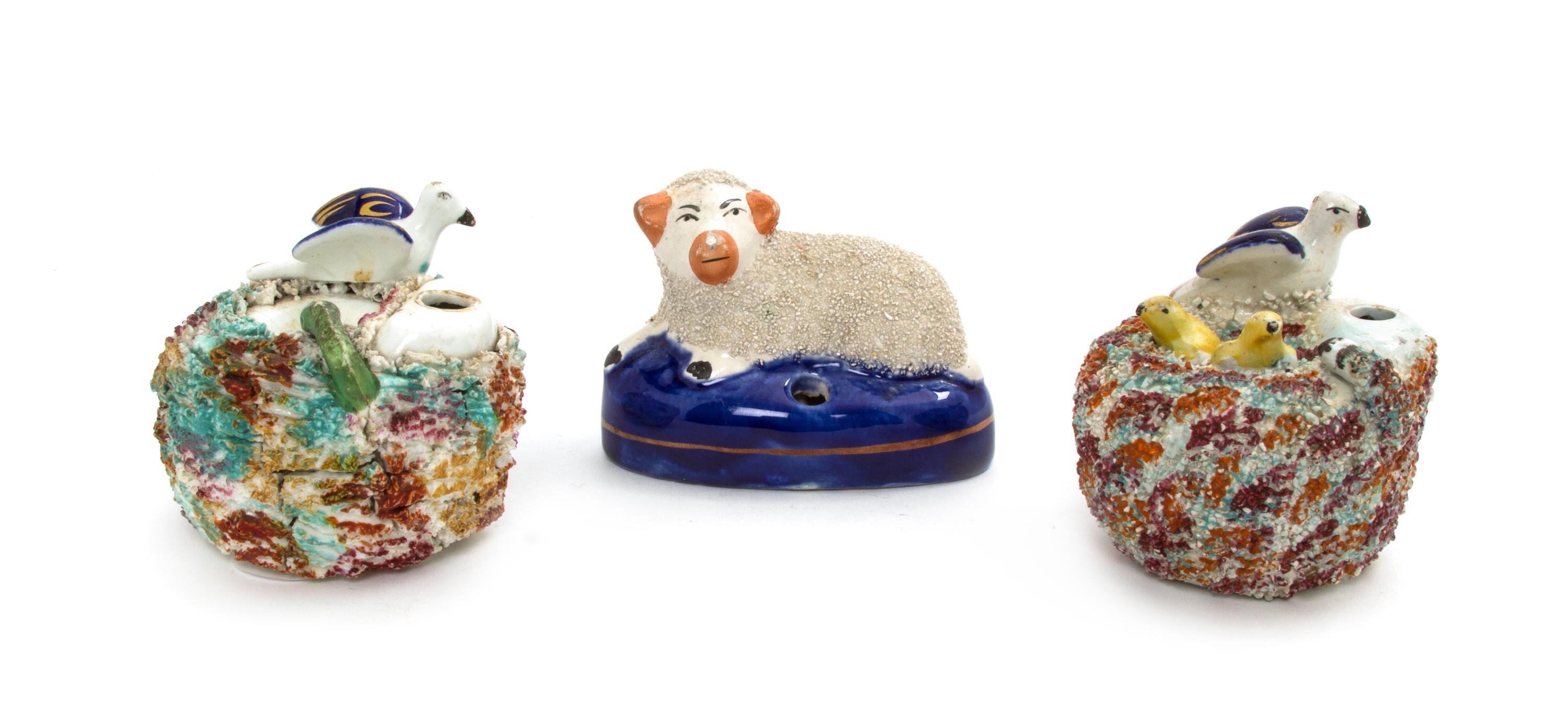 Three Staffordshire Ceramic Inkwells, Width of widest 3 1/4 inches.