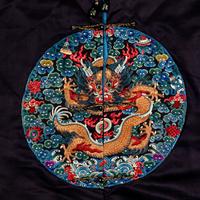 A Chinese Navy Satin Ground Embroidered Silk 'Dragon and Crane' Robe, Qiagua , Late 19th Century 清晚期 石青緞地綉龍紋團鶴紋袷褂