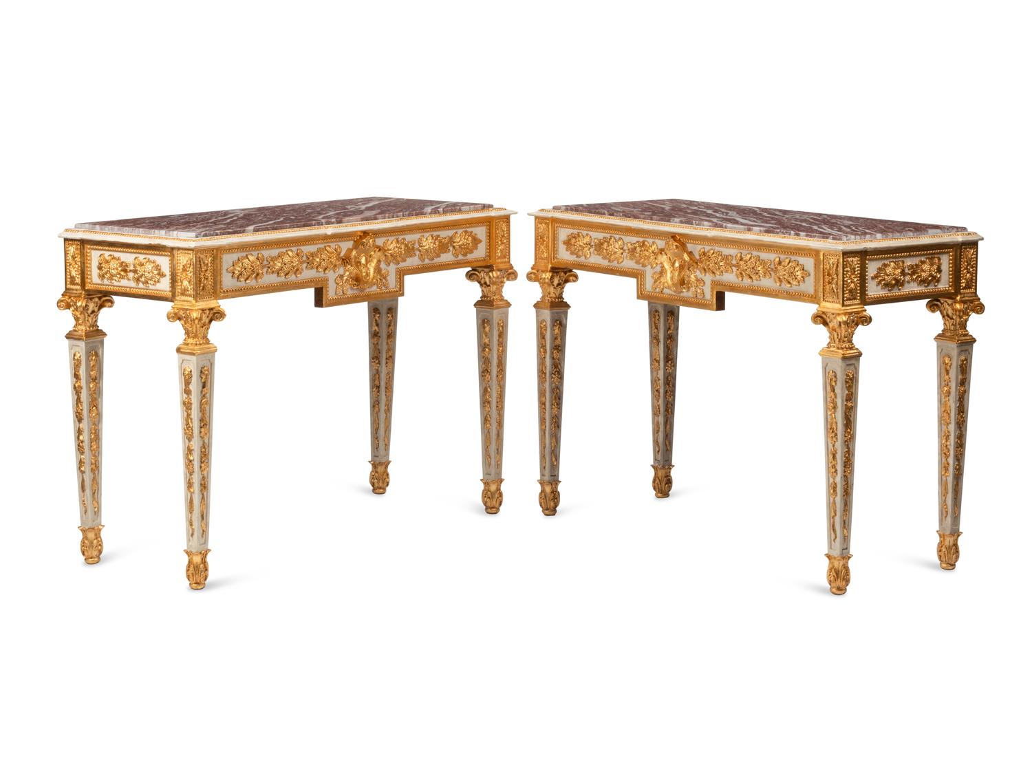 A Pair of Italian Neoclassical Style Painted and Parcel Gilt Console Tables