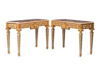 A Pair of Italian Neoclassical Style Painted and Parcel Gilt Console Tables
