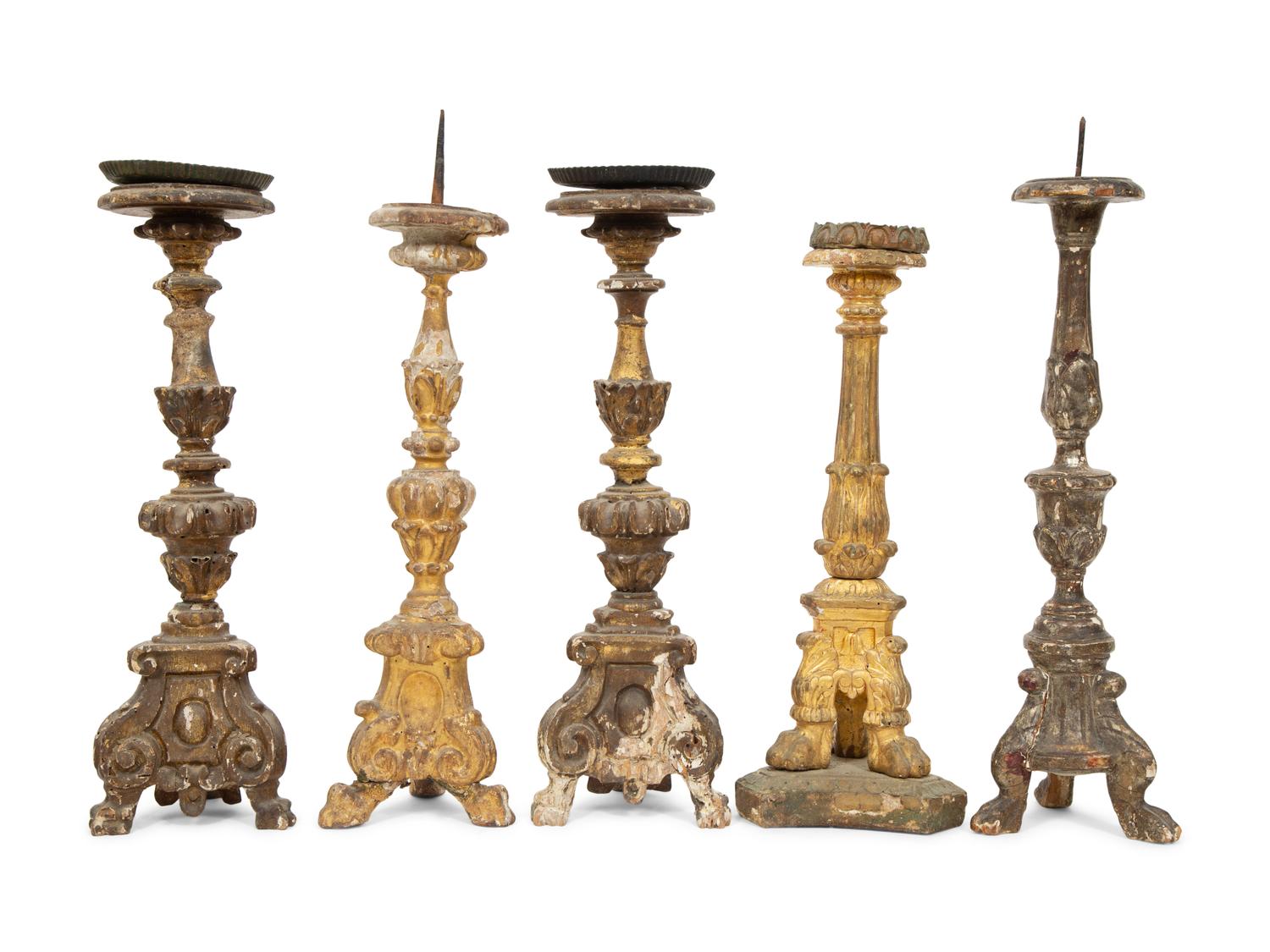 A Group of Five Italian Carved Giltwood Pricket Sticks