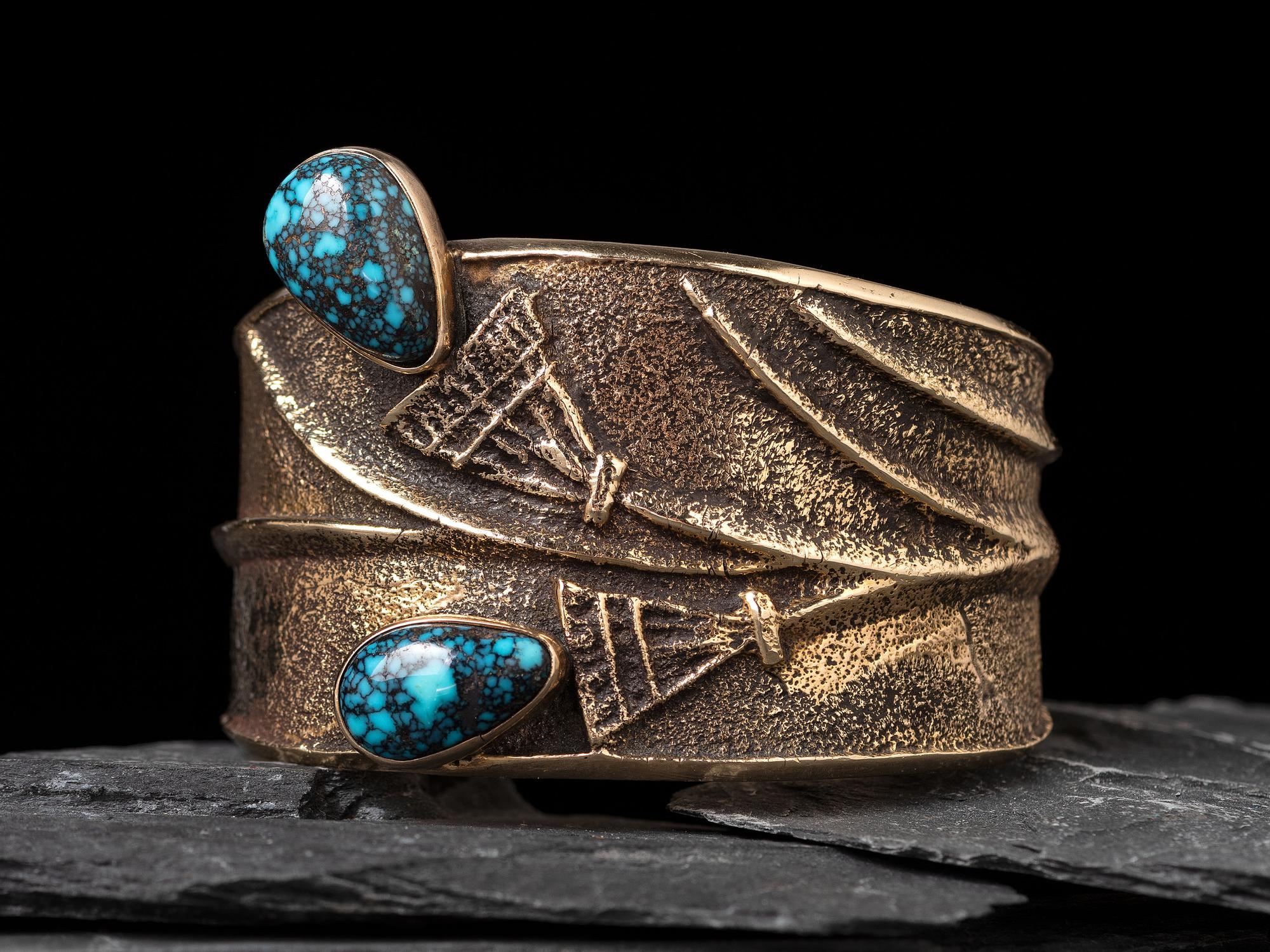 Tufa Cast 14K Gold and Lander Blue Turquoise Cuff Bracelet