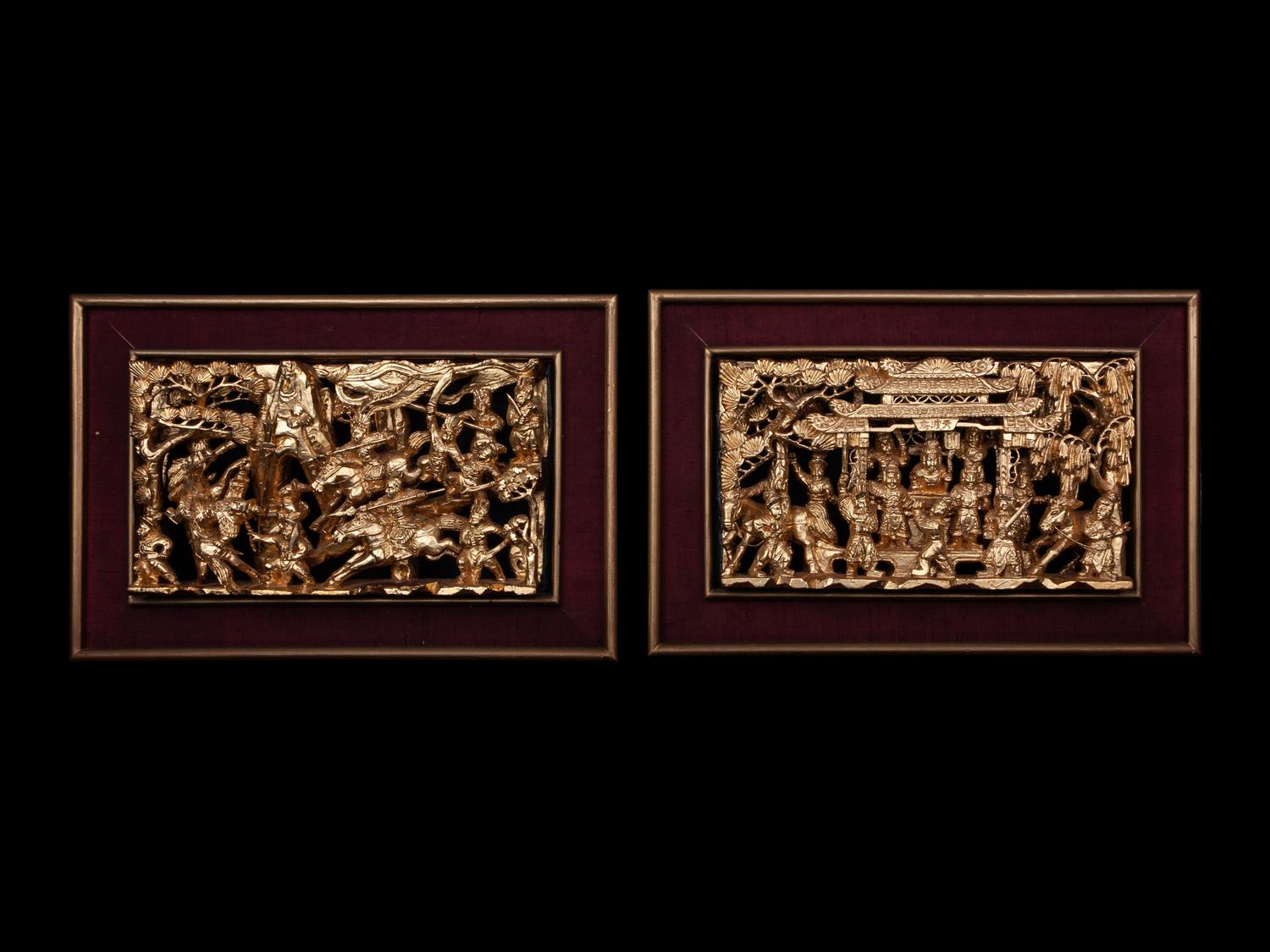 A Pair of Chinese Gilt and Red Lacquered Wood Panels