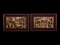A Pair of Chinese Gilt and Red Lacquered Wood Panels