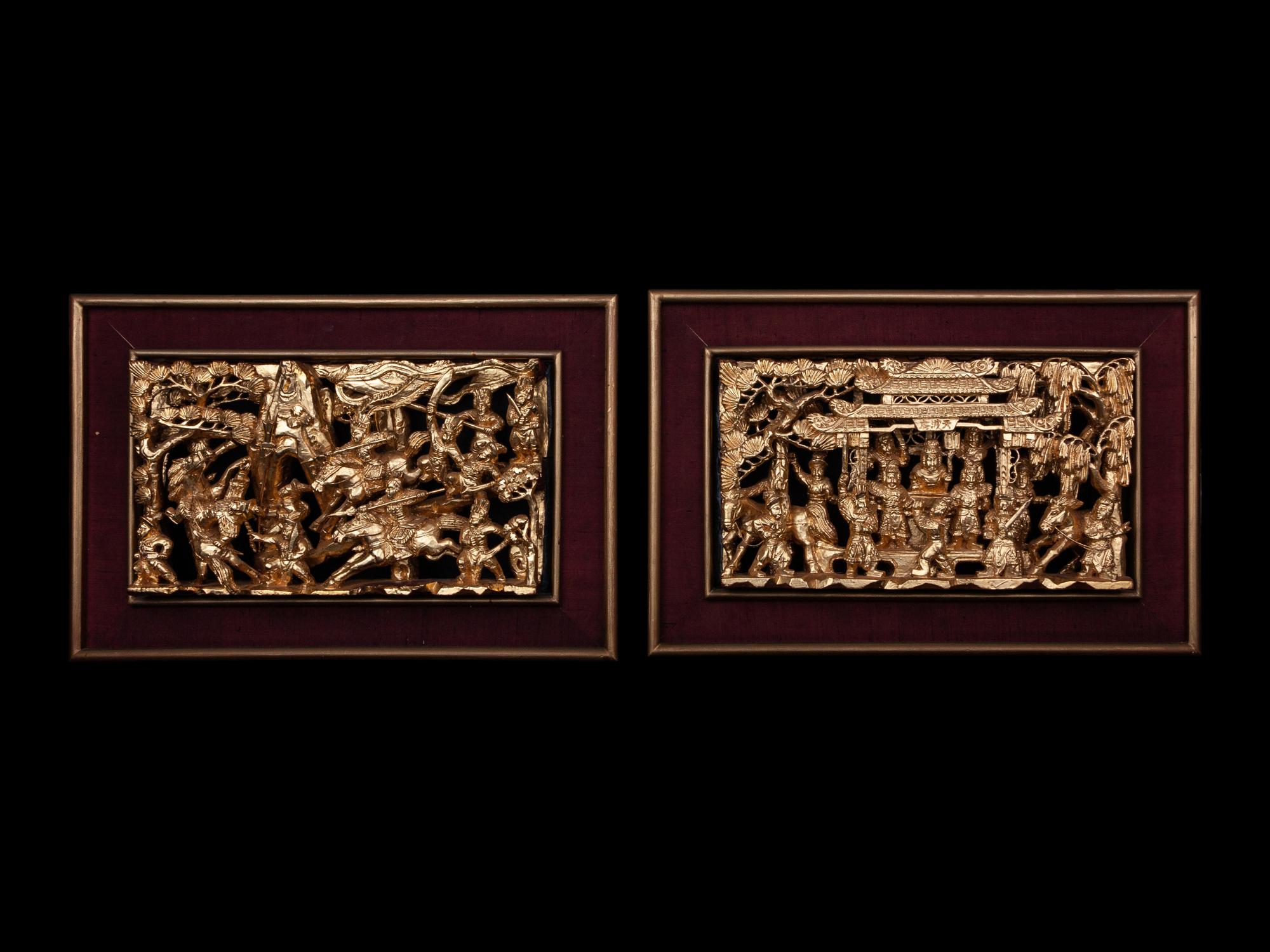 A Pair of Chinese Gilt and Red Lacquered Wood Panels