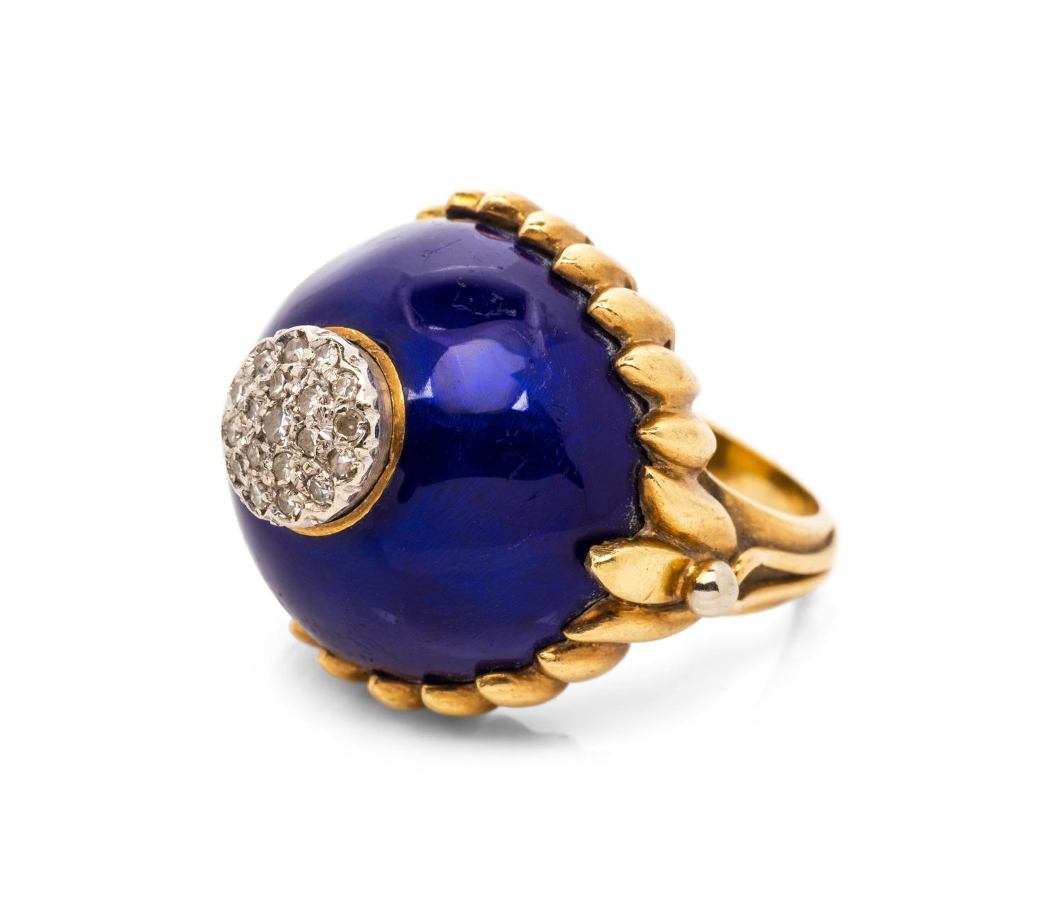 An 18 Karat Yellow Gold, Diamond, and Enamel Ring, Toliro,