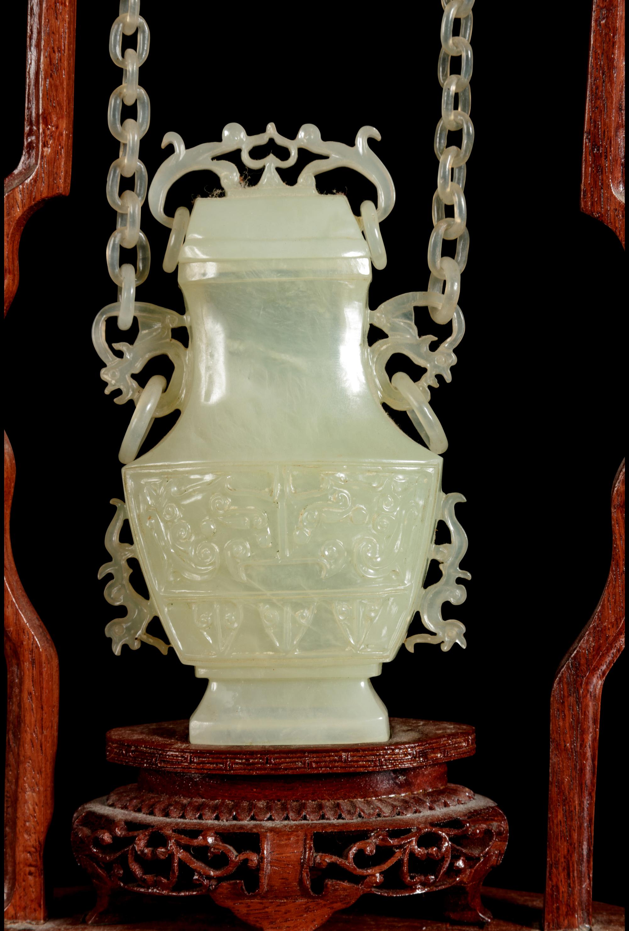 Two Chinese Serpentine Covered Hanging Vases