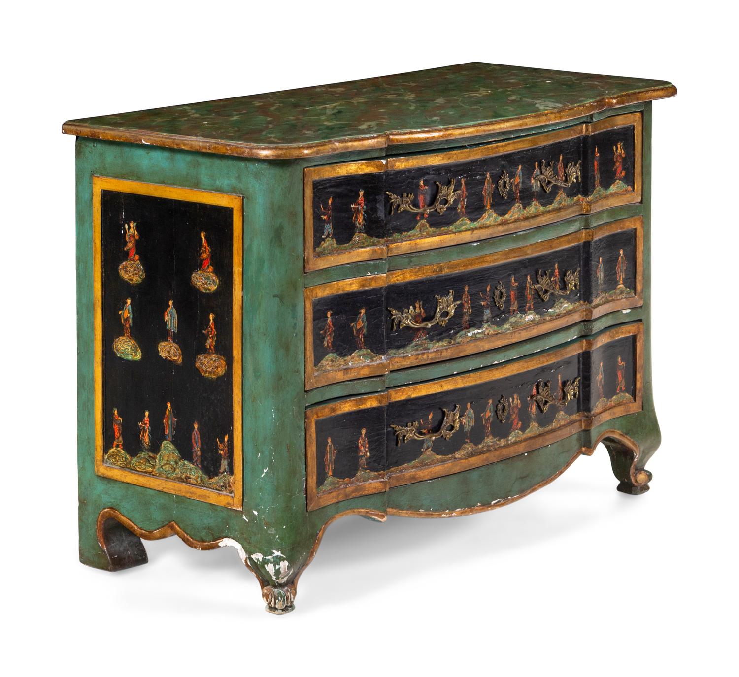 A Continental Chinoiserie Painted Faux Marble-Top Commode