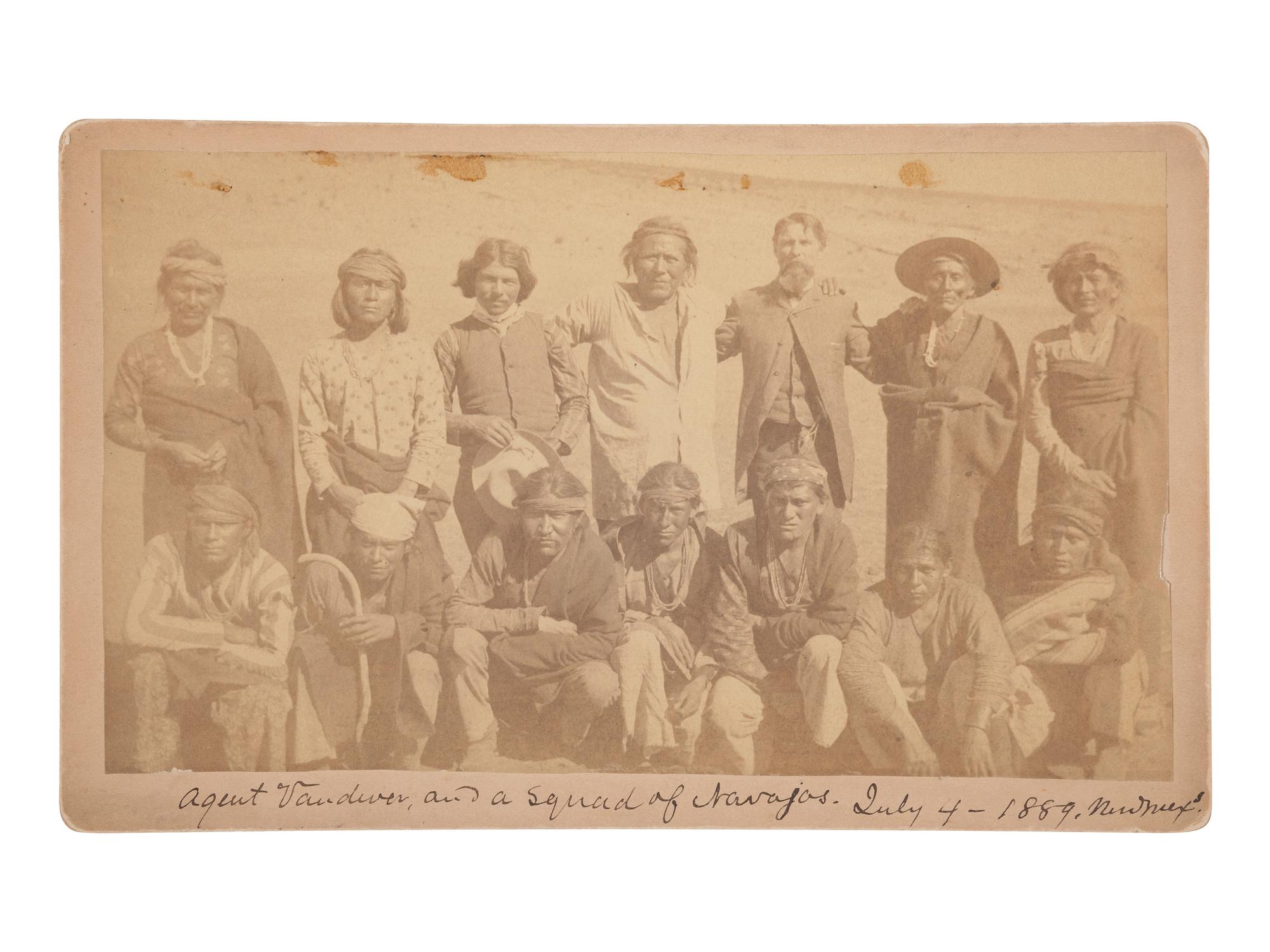 [NATIVE AMERICANS]. Boudoir photograph of "Agent Vandever and a squad of Navajos, July 4, 1889, New Mexico."