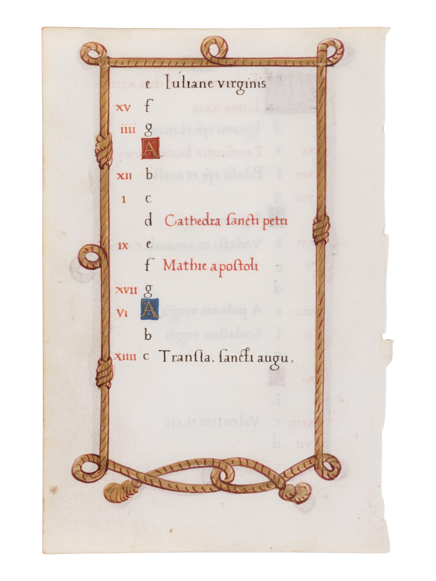 FOLLOWER OF JEAN PICHORE (active Paris, c. 1490-1521) Calendar leaf for February from a Book of Hours, Use of Chartres, in Latin, illuminated manuscript on parchment [France, Paris, c. 1520]