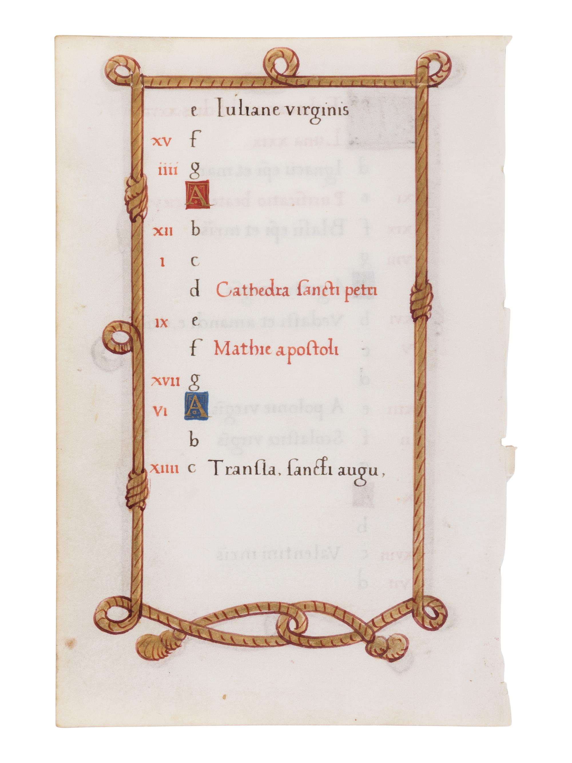 FOLLOWER OF JEAN PICHORE (active Paris, c. 1490-1521) Calendar leaf for February from a Book of Hours, Use of Chartres, in Latin, illuminated manuscript on parchment [France, Paris, c. 1520]