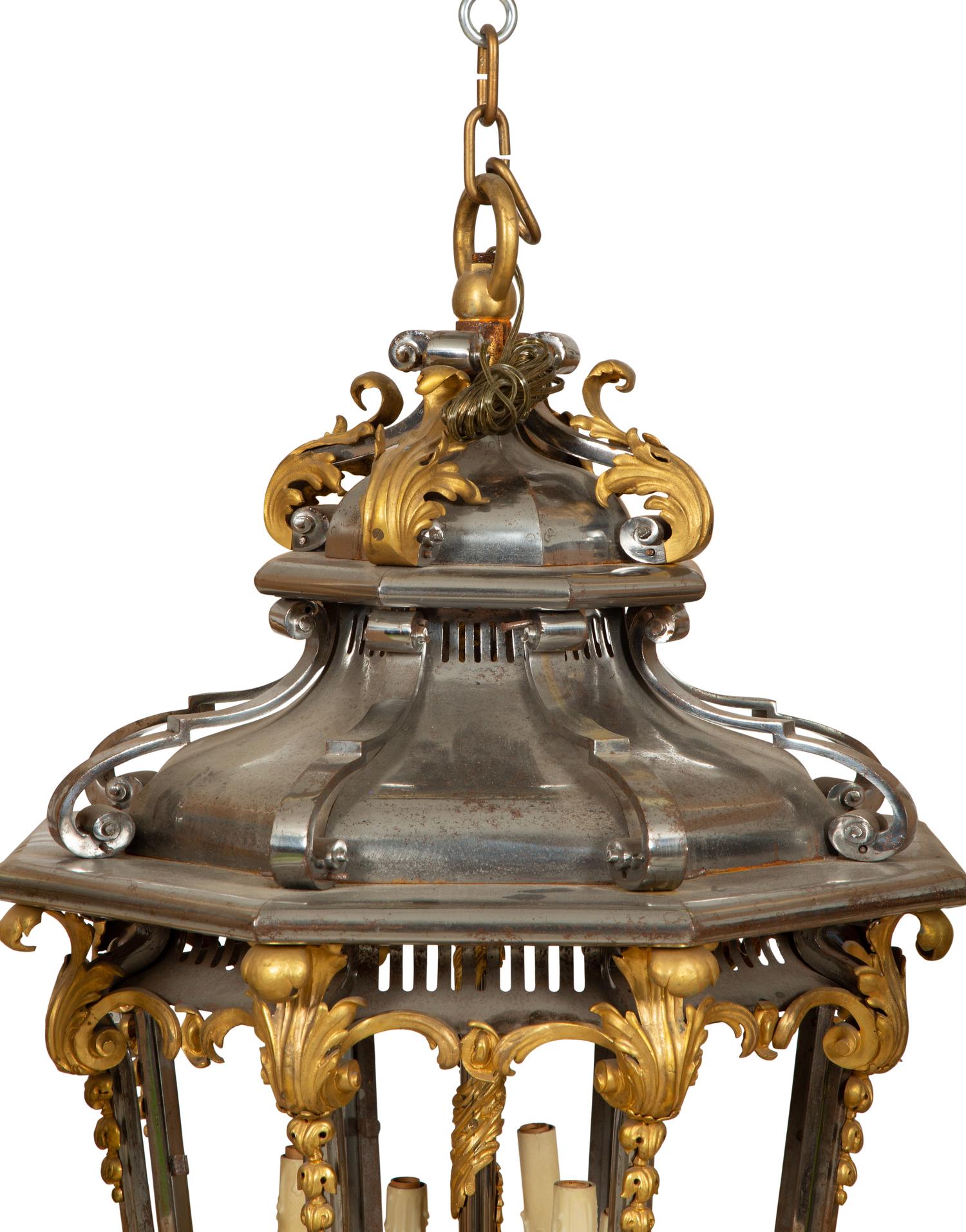 A French Gilt and Silvered-Metal Octagonal Six-Light Lantern