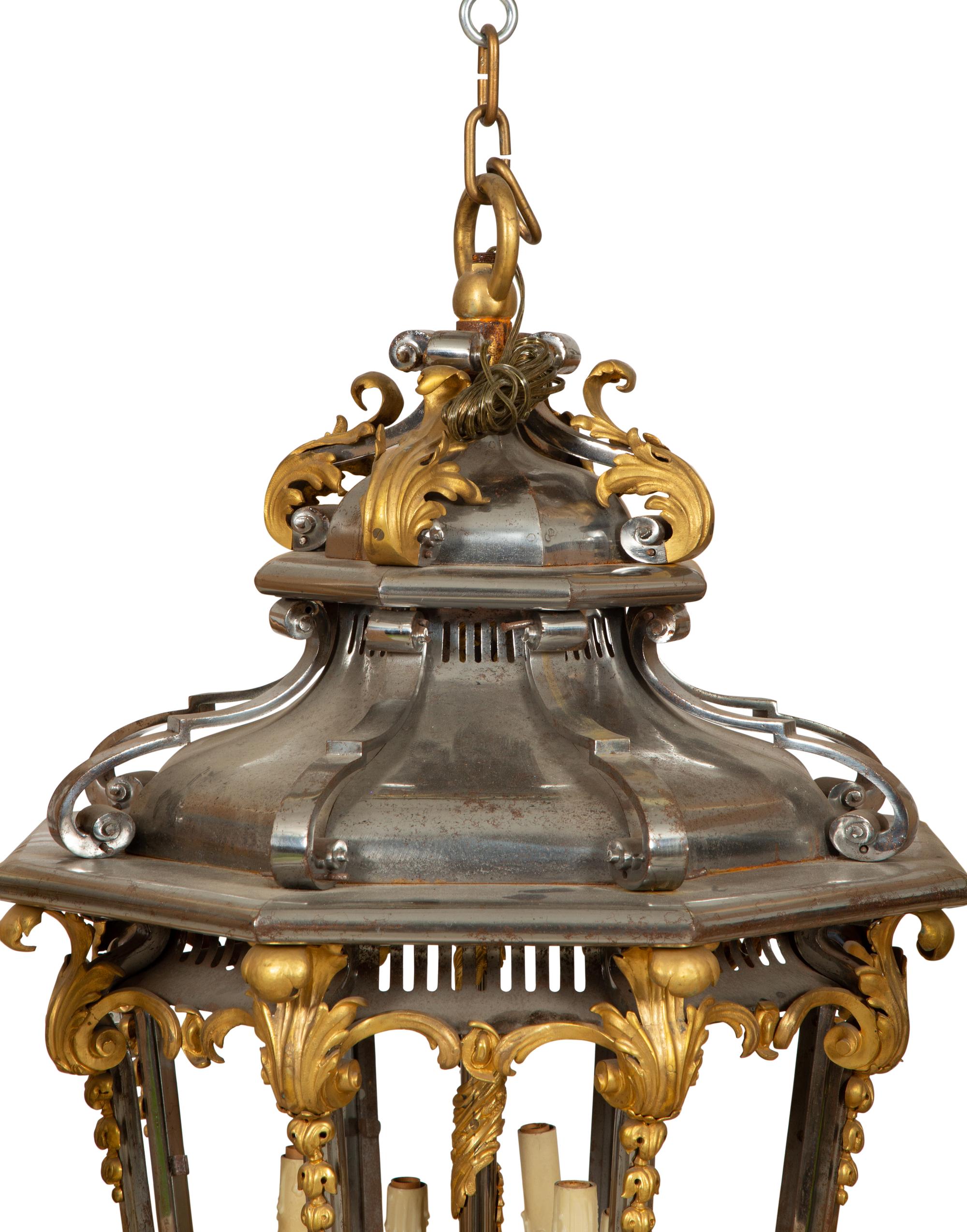 A French Gilt and Silvered-Metal Octagonal Six-Light Lantern