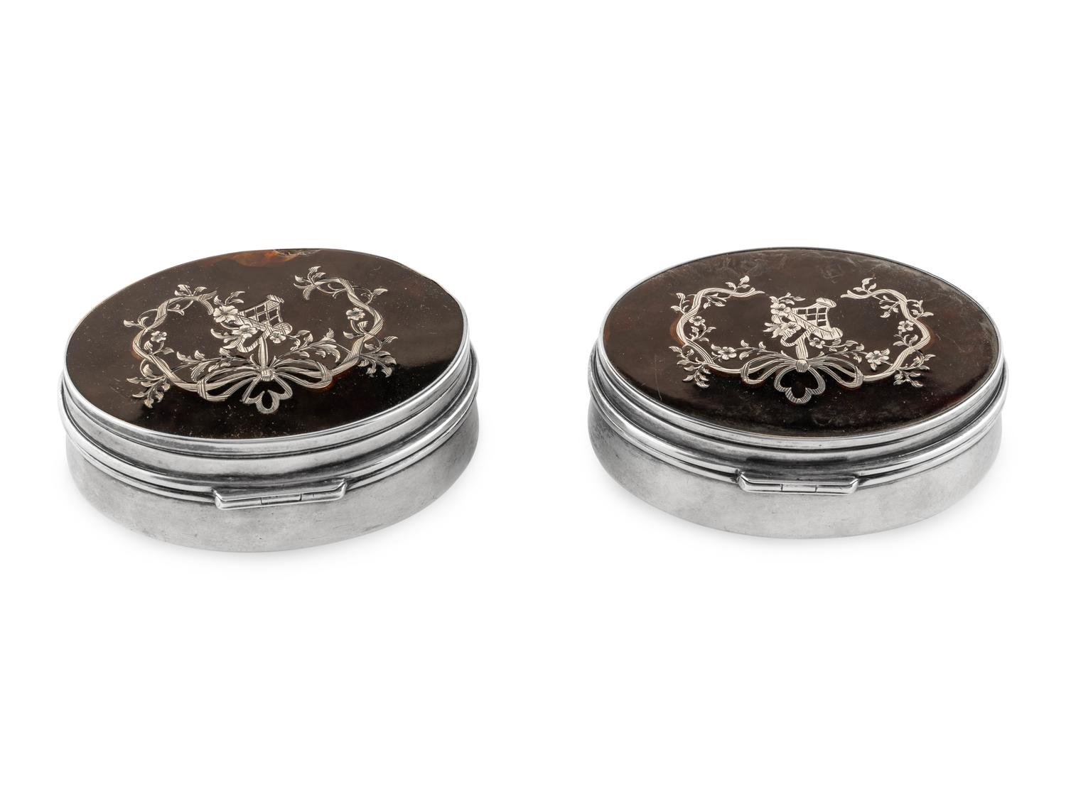 A Pair of English Silver and Tortoise-Shell Mounted Dresser Boxes