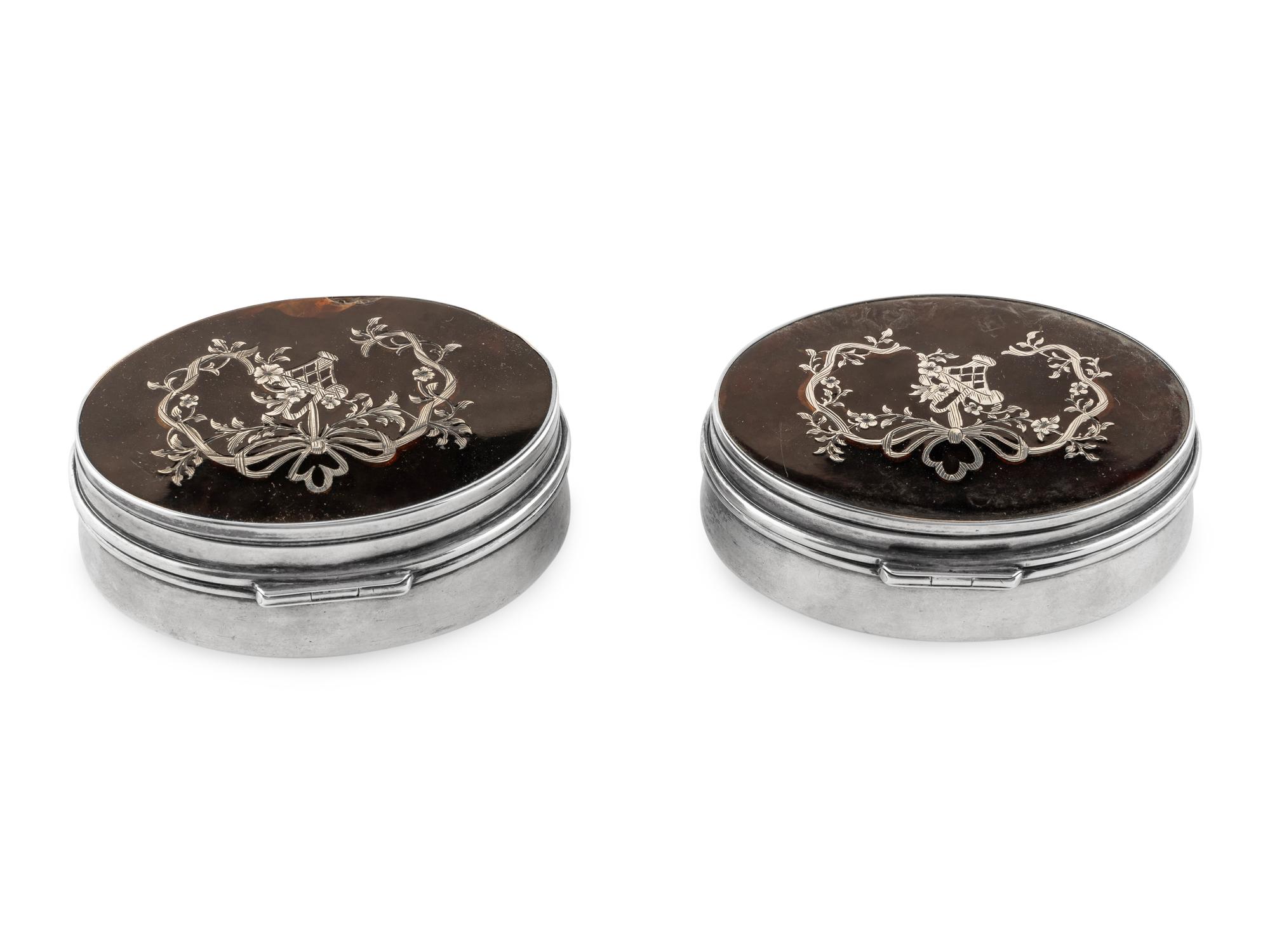 A Pair of English Silver and Tortoise-Shell Mounted Dresser Boxes