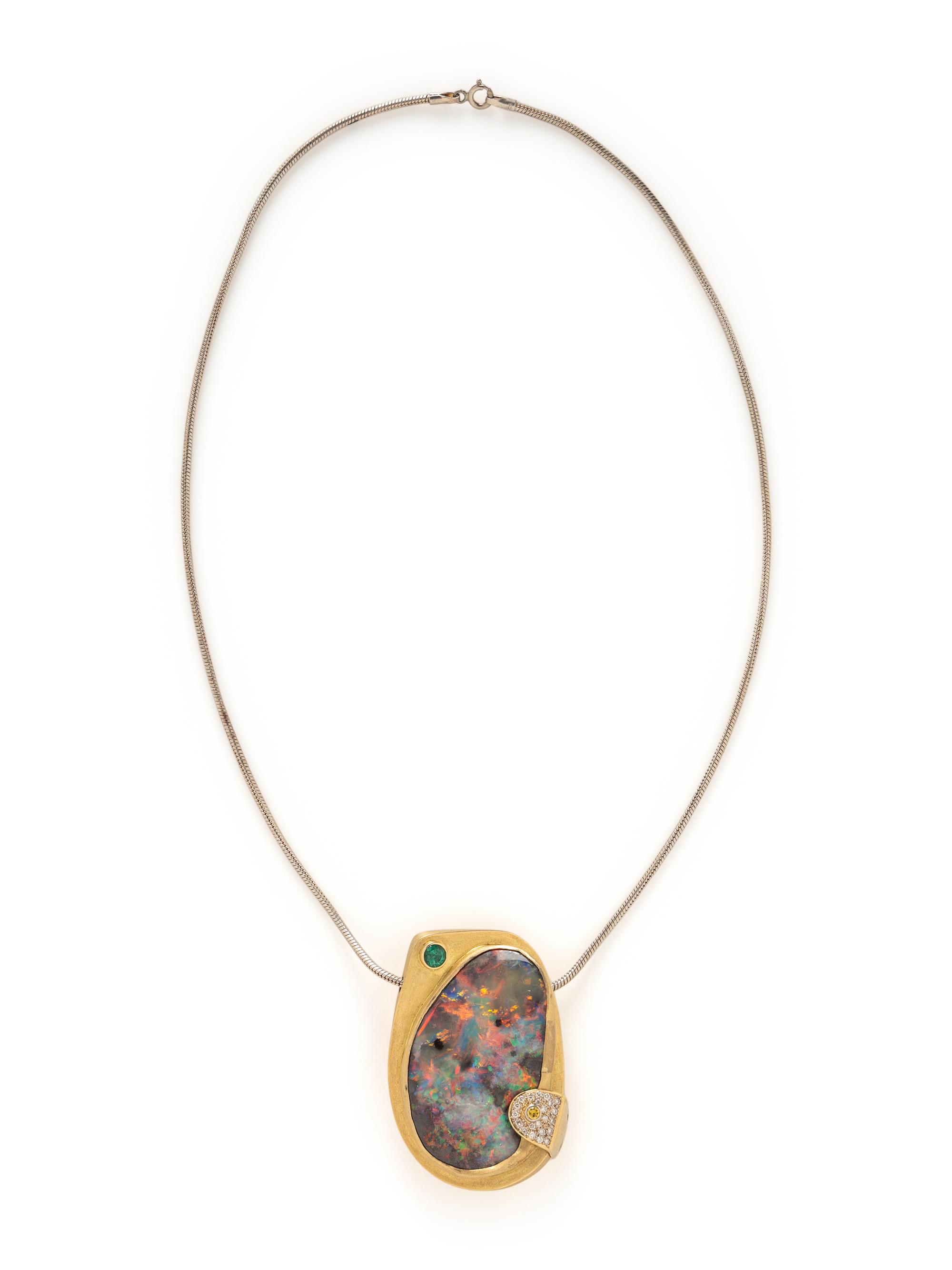 OPAL, DIAMOND, AND EMERALD PENDANT NECKLACE