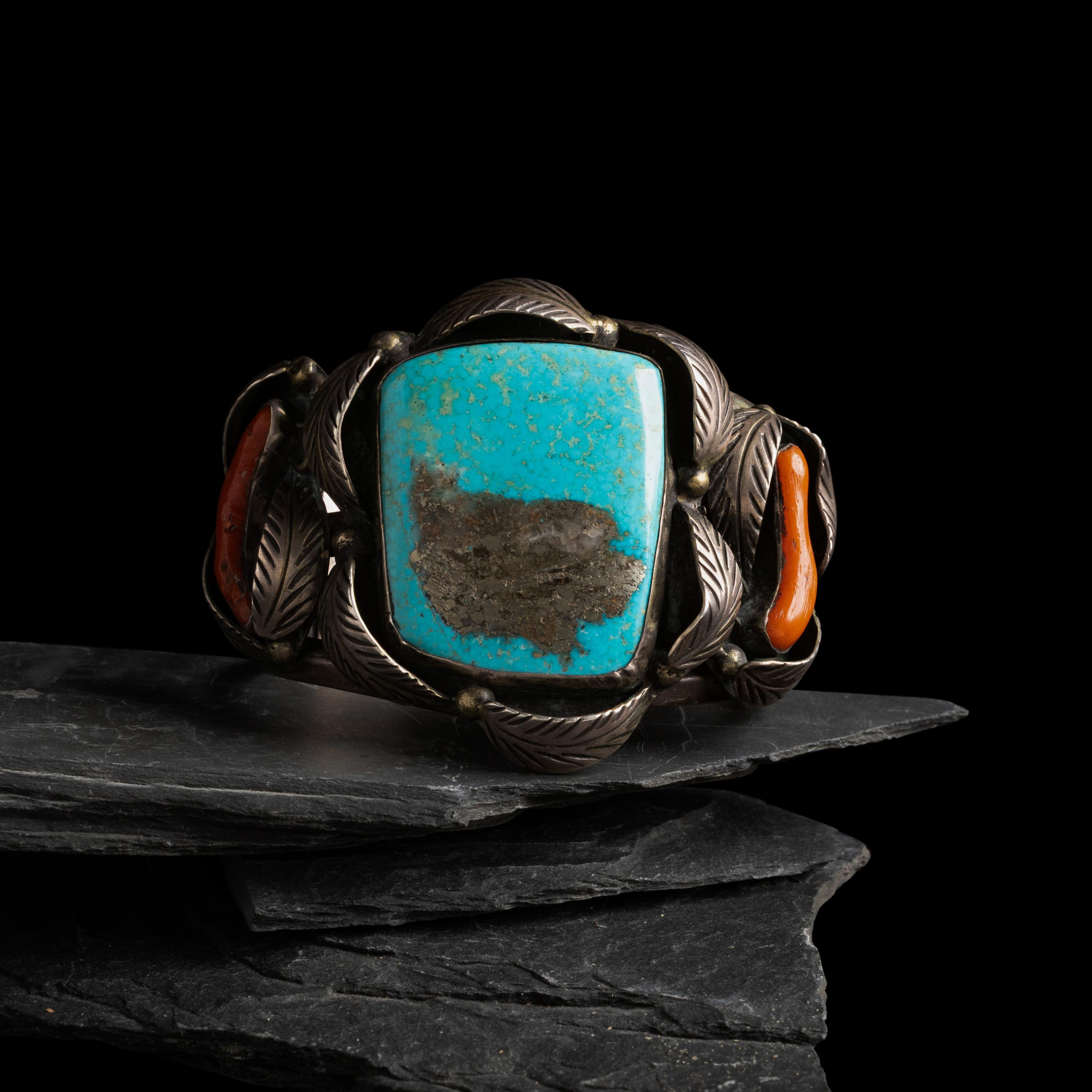 Navajo Silver, Turquoise, and Coral Cuff Bracelet