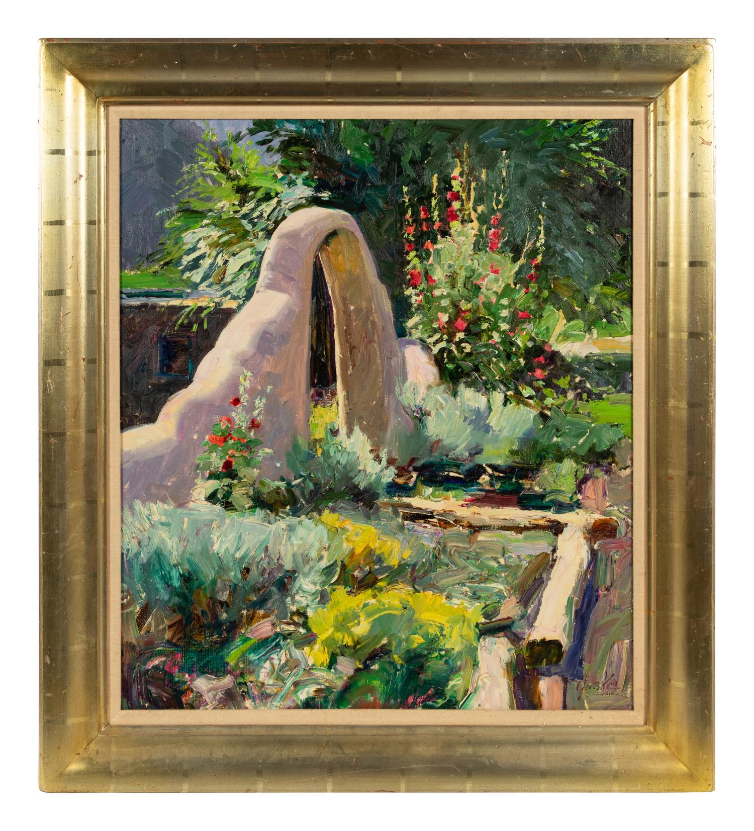 Adobe Gate with Hollyhocks