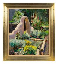Adobe Gate with Hollyhocks