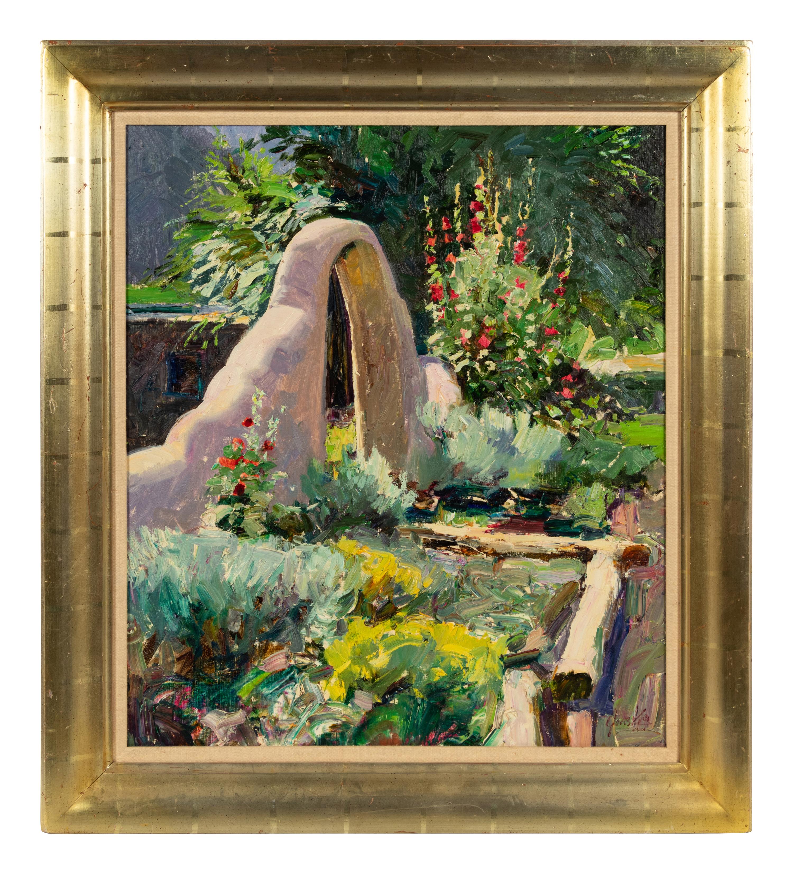 Adobe Gate with Hollyhocks