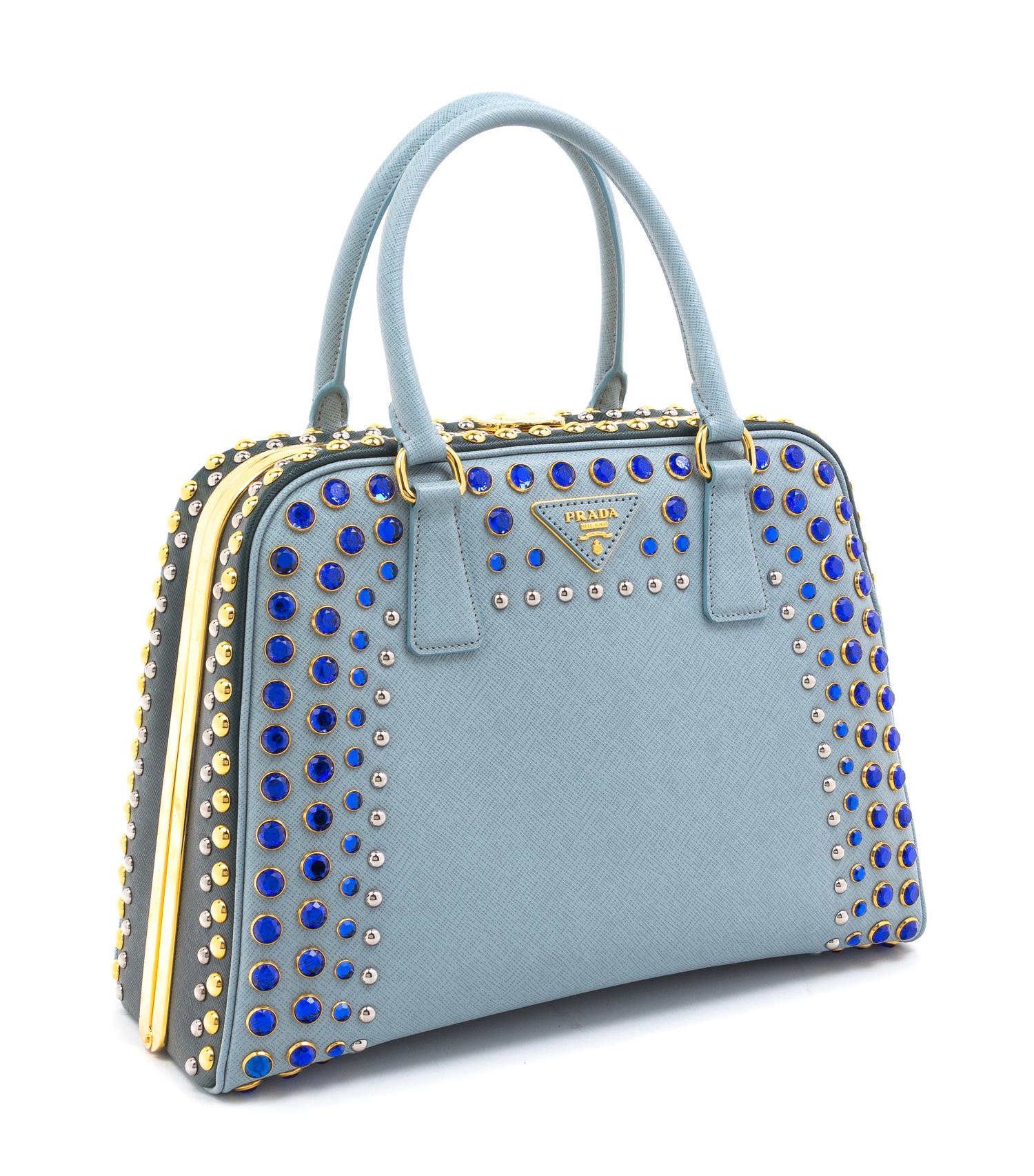 A Prada Blue and Green Embellished Frame Pyramid Handbag, 12" x 9" x 4.75".