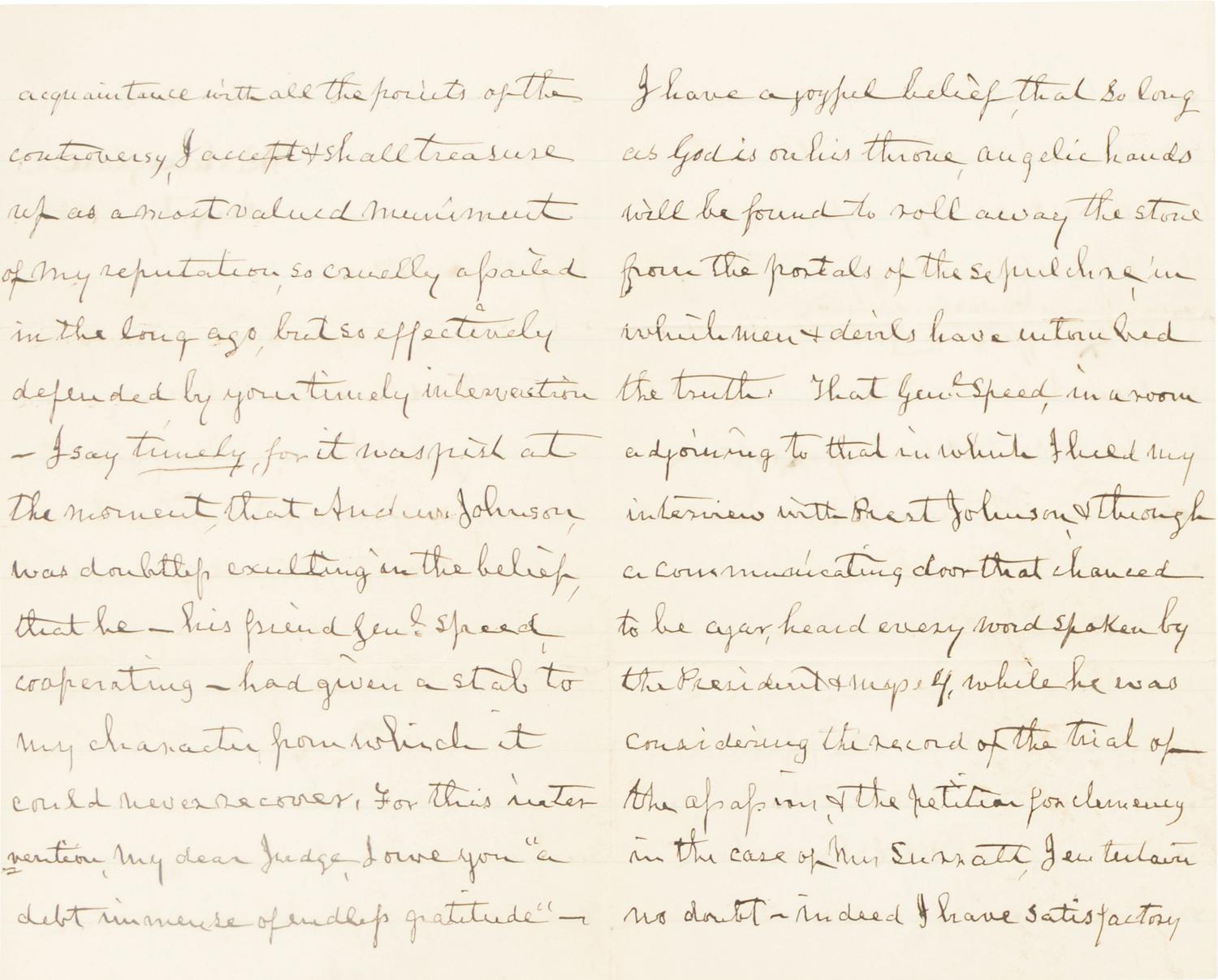 HOLT, Joseph (1807-1894). Autograph letter, signed ("J. Holt") to former assistant John A. Bingham. Washington, D.C., 8 August 1888.