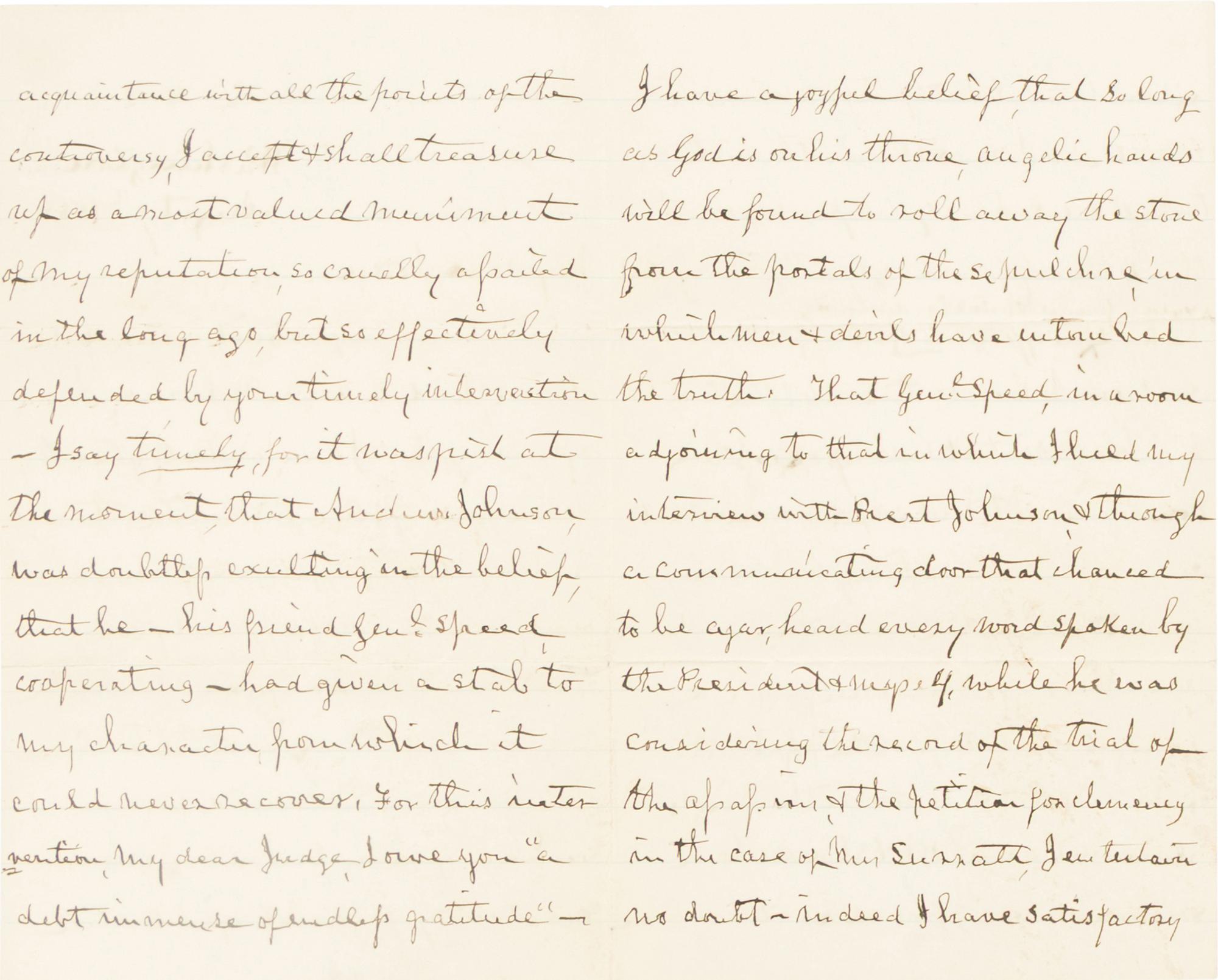 HOLT, Joseph (1807-1894). Autograph letter, signed ("J. Holt") to former assistant John A. Bingham. Washington, D.C., 8 August 1888.