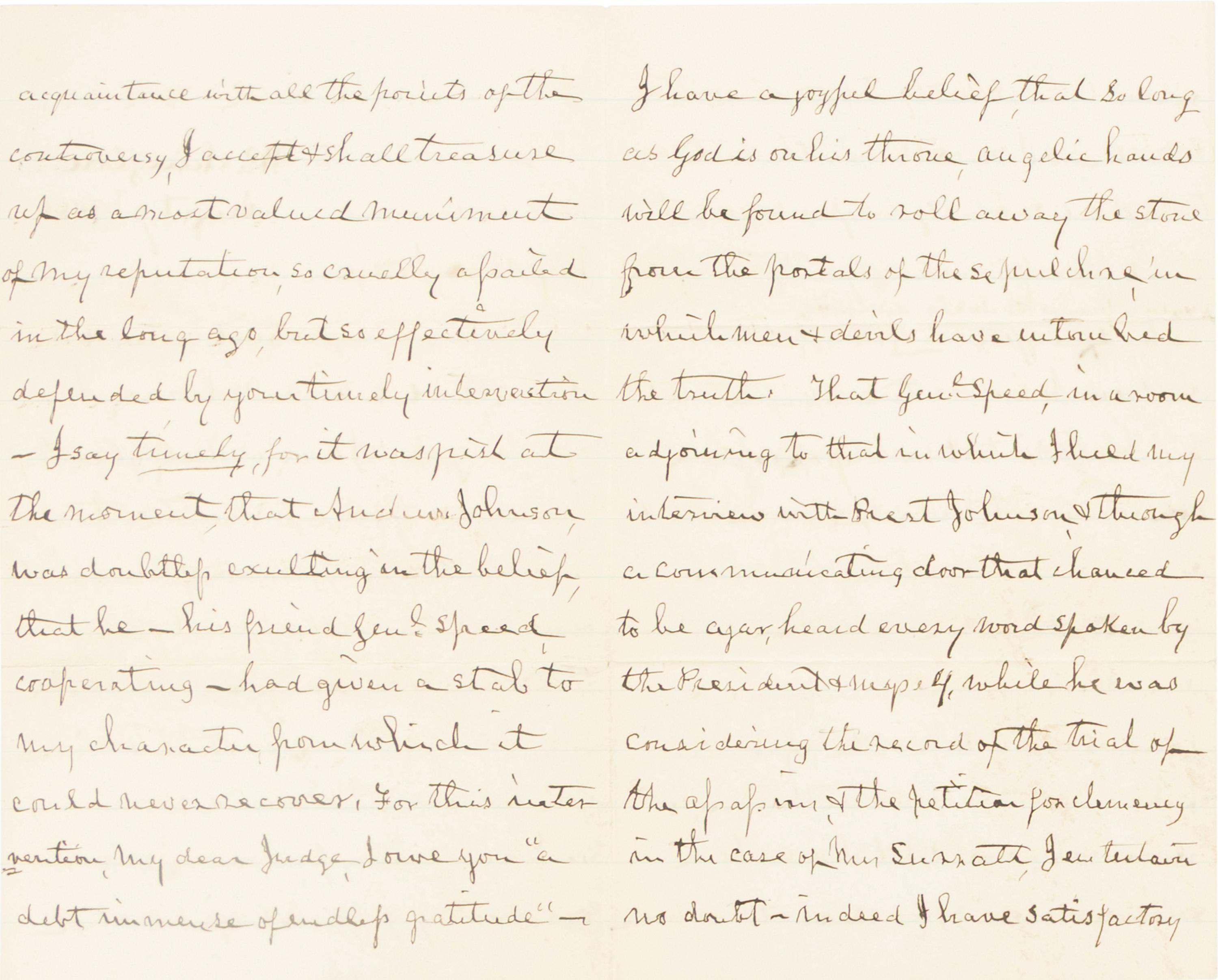 HOLT, Joseph (1807-1894). Autograph letter, signed ("J. Holt") to former assistant John A. Bingham. Washington, D.C., 8 August 1888.