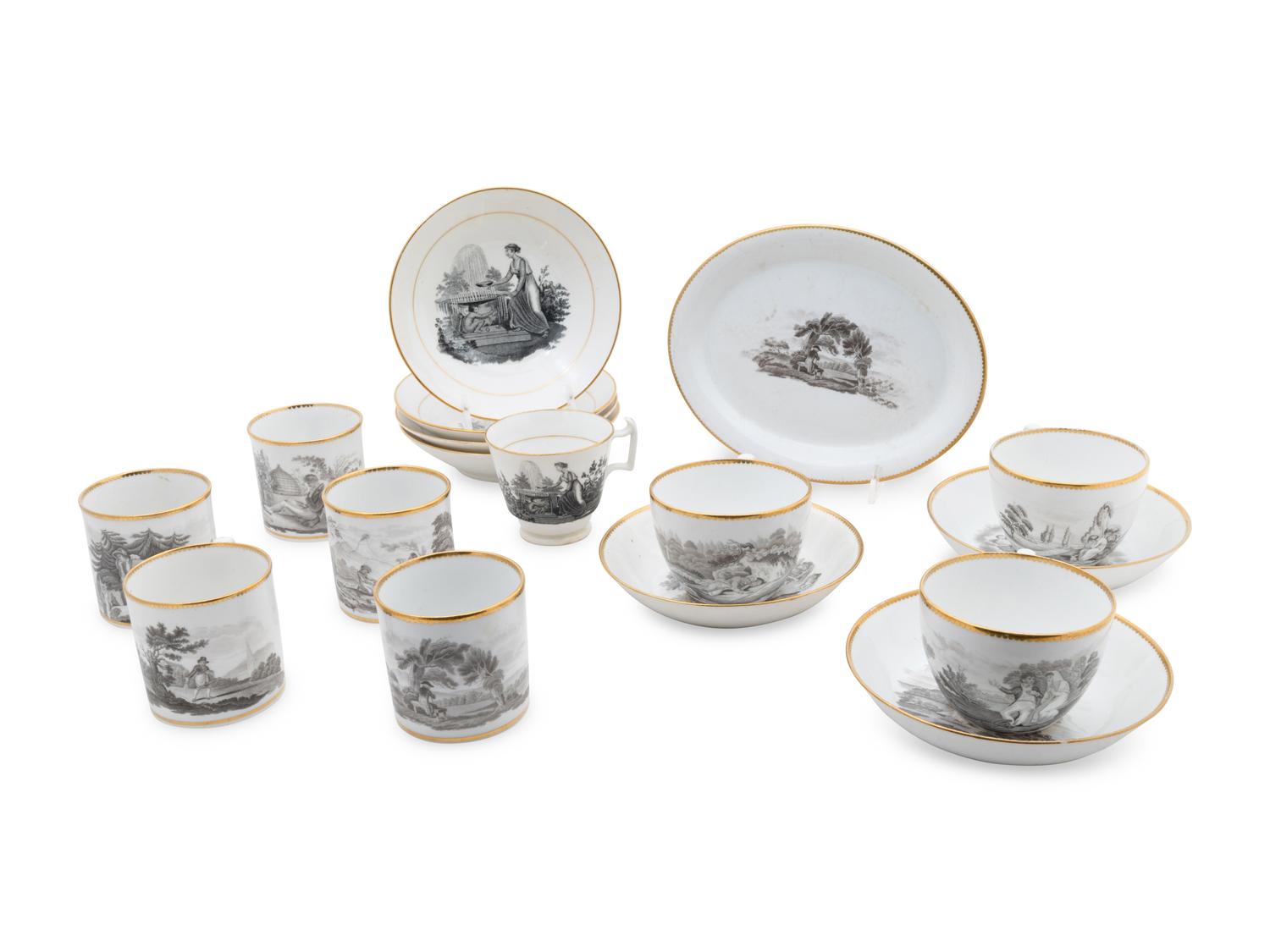 An Assembled English Porcelain Transferware Partial Dessert Service