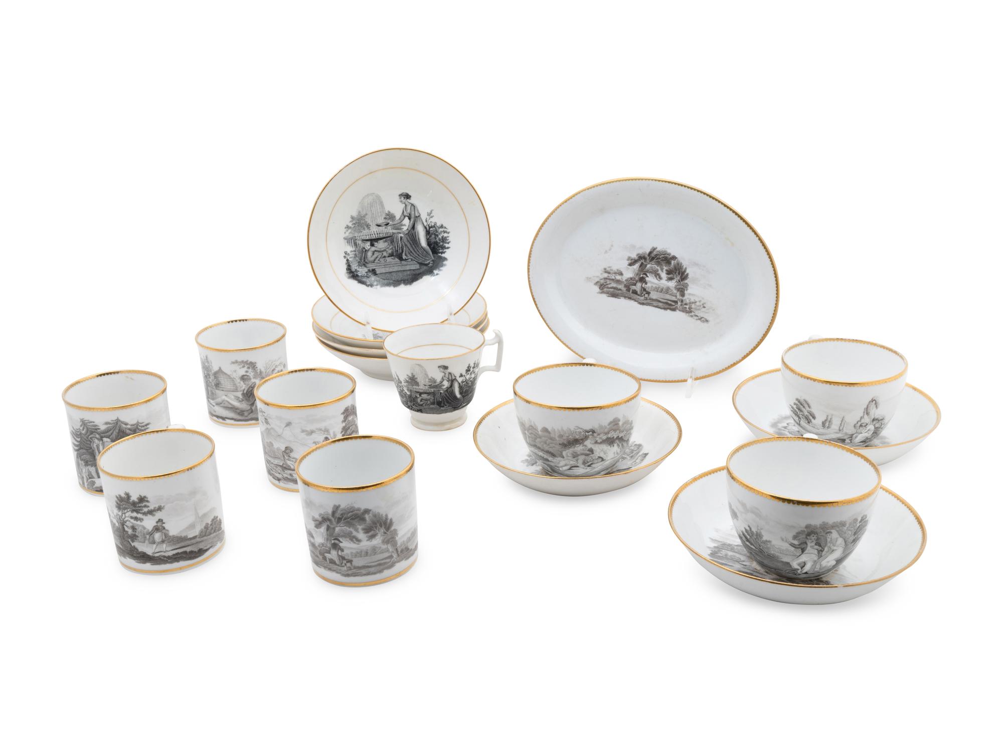 An Assembled English Porcelain Transferware Partial Dessert Service