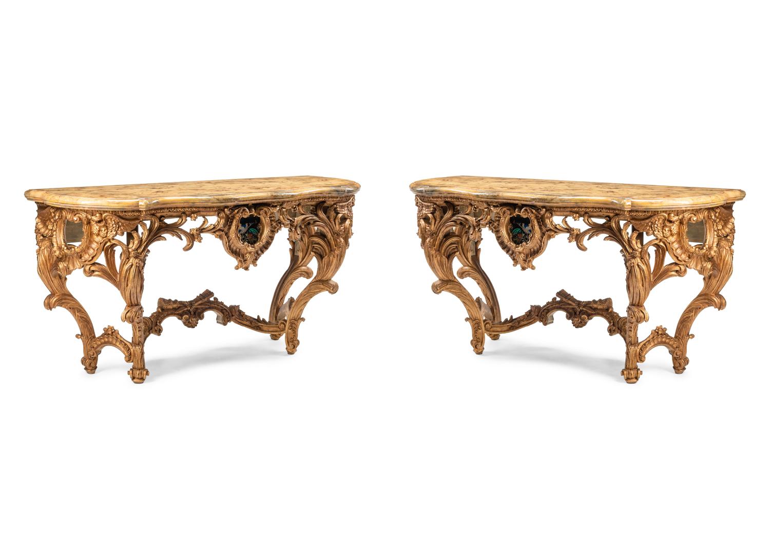 A Pair of Italian Pietra Dura-Inset Giltwood and Faux Marble-Top Console Tables