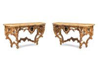 A Pair of Italian Pietra Dura-Inset Giltwood and Faux Marble-Top Console Tables