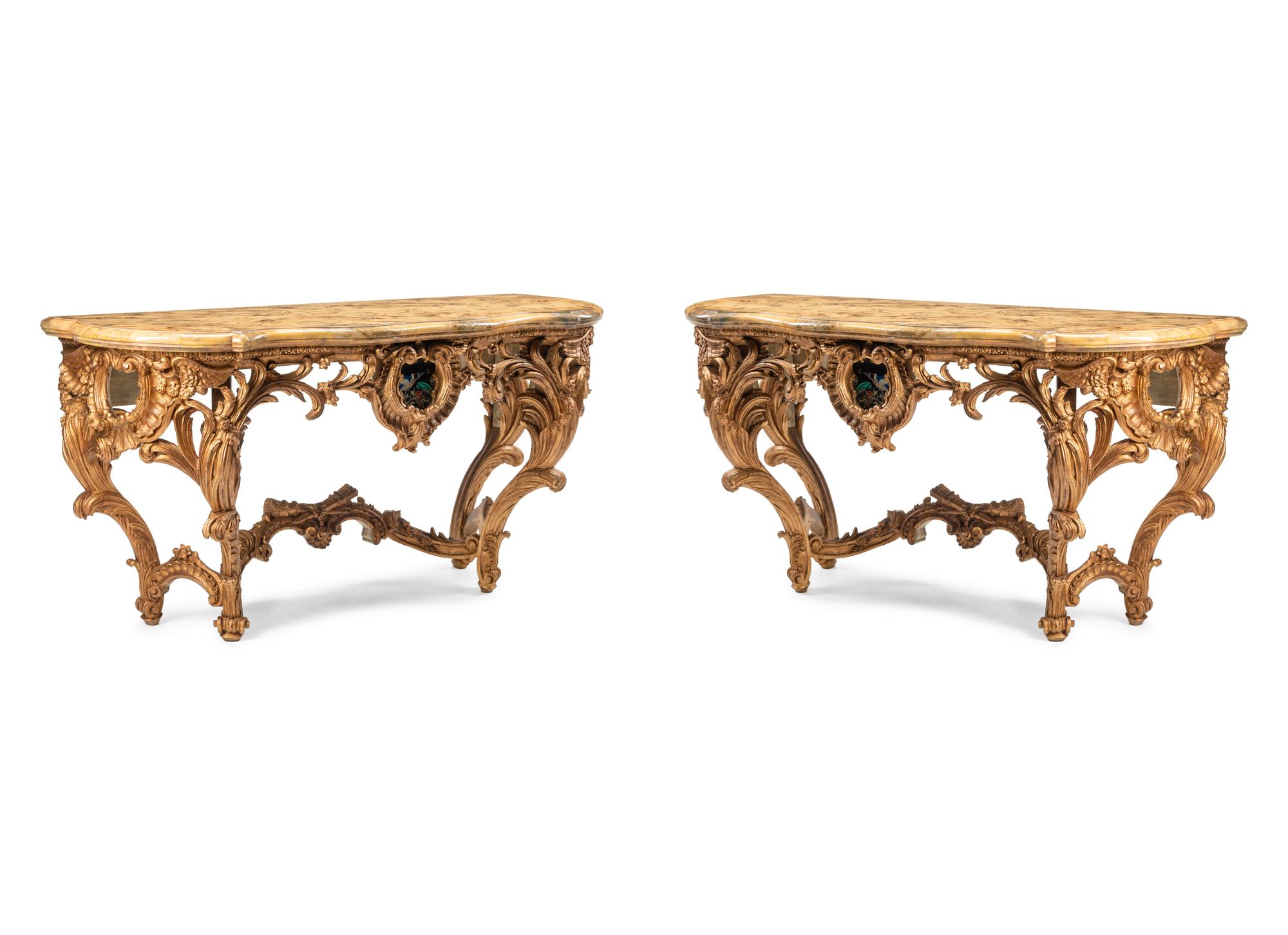 A Pair of Italian Pietra Dura-Inset Giltwood and Faux Marble-Top Console Tables