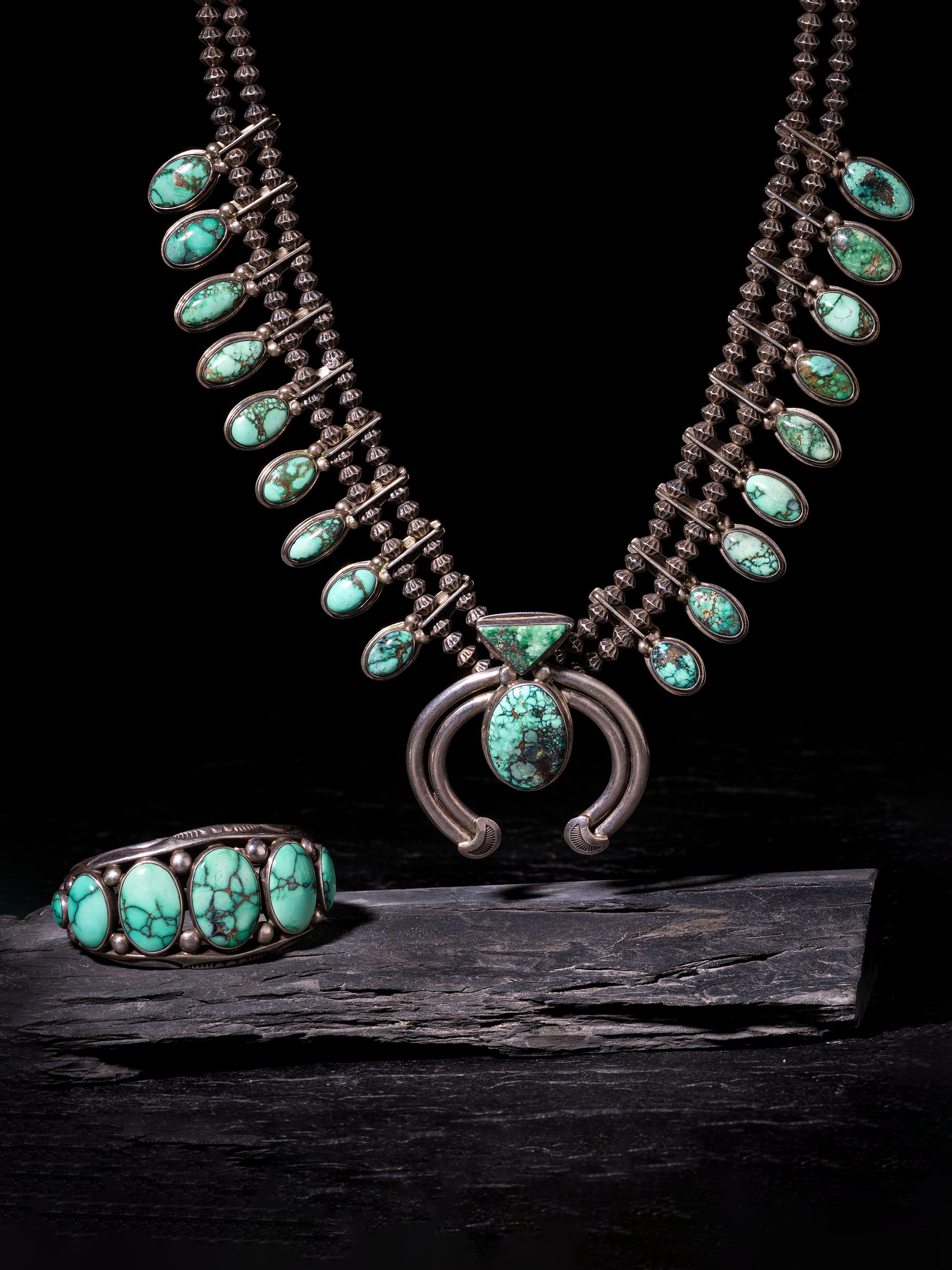 Sterling Silver and High Grade Turquoise Squash Blossom Necklace and Matching Cuff Bracelet
