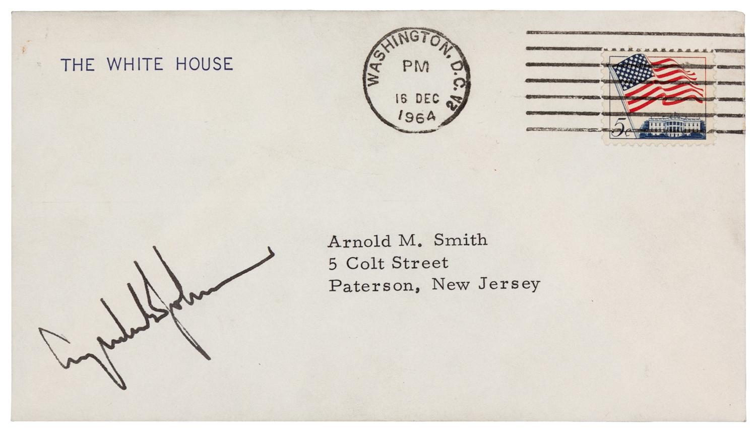 JOHNSON, Lyndon Baines (1908-1973), President. Signature ("Lyndon B. Johnson"), as President. To Mr. Arnold Smith, Paterson, NJ, postmarked Washington D. C., 16 December 1964.
