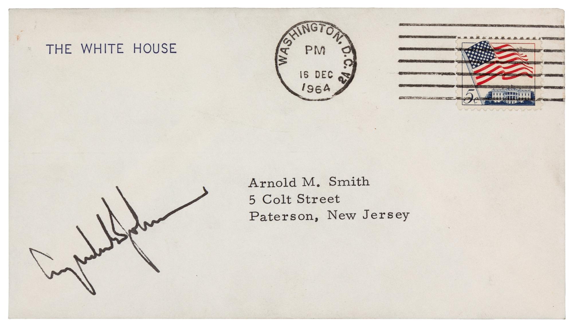 JOHNSON, Lyndon Baines (1908-1973), President. Signature ("Lyndon B. Johnson"), as President. To Mr. Arnold Smith, Paterson, NJ, postmarked Washington D. C., 16 December 1964.