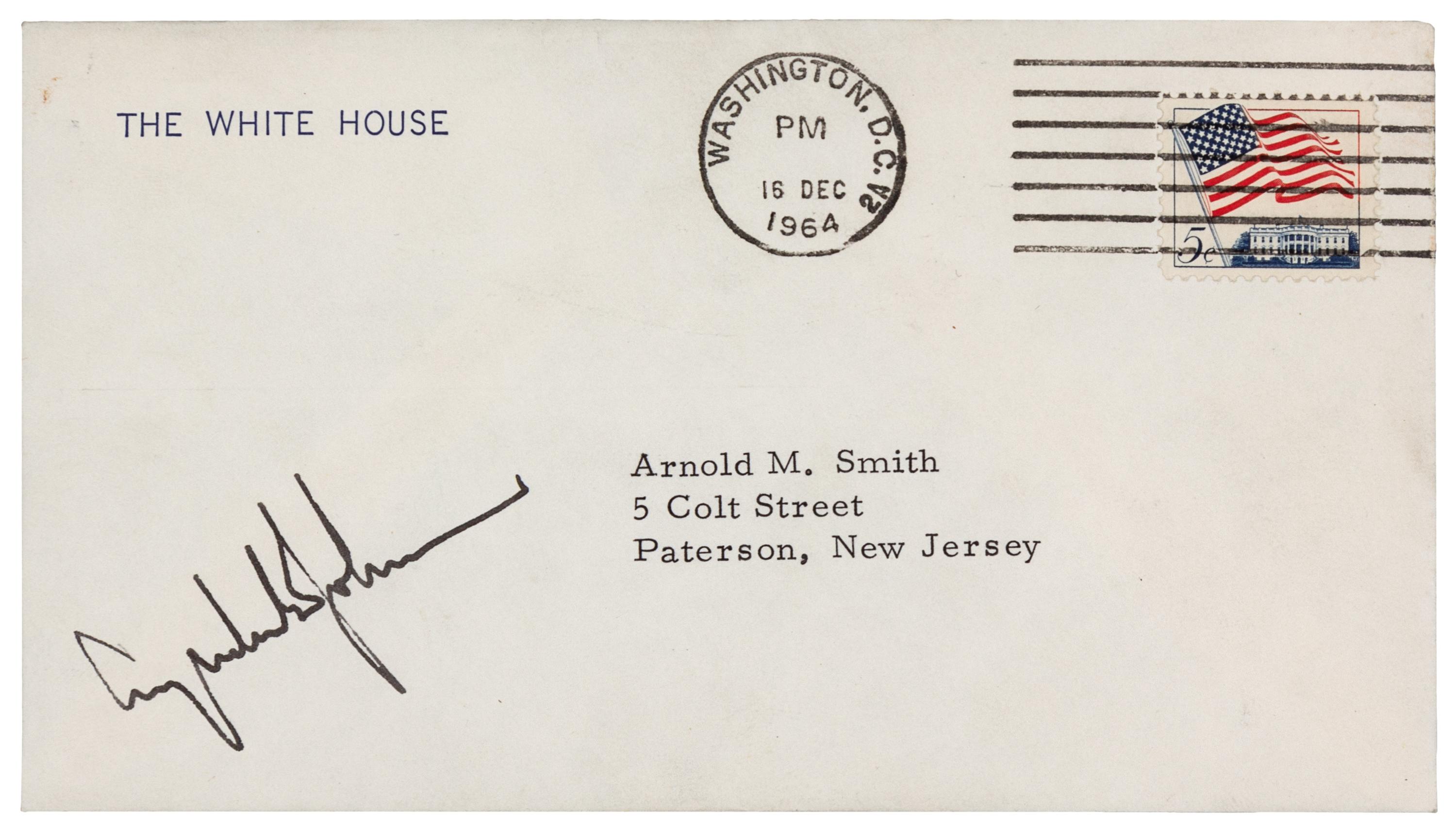 JOHNSON, Lyndon Baines (1908-1973), President. Signature ("Lyndon B. Johnson"), as President. To Mr. Arnold Smith, Paterson, NJ, postmarked Washington D. C., 16 December 1964.