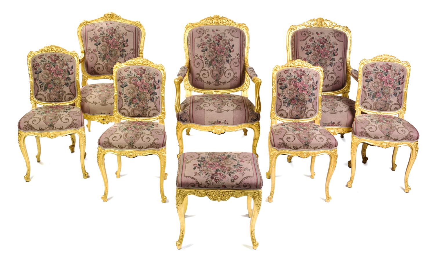 A Louis XV Style Carved Giltwood Salon Suite Height of settee 49 x width 71 1/2 x depth 29 inches. — LATE 19TH/EARLY 20TH CENTURY