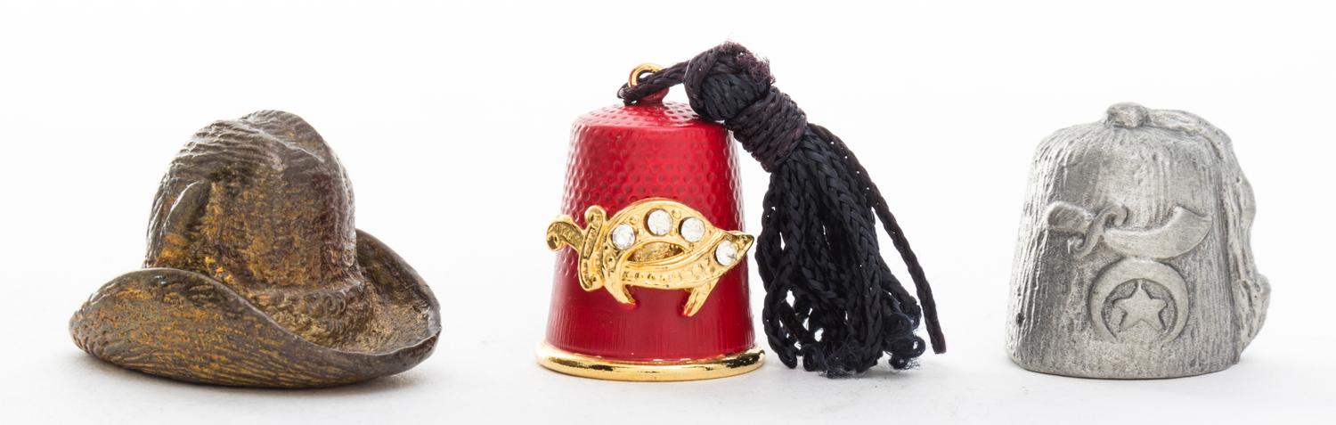 A Group of Three Mixed Metal Hat Themed Thimbles Height of tallest 7/8 inch.