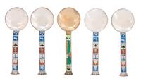 Five Norwegian Silver and Silver Gilt Enameled Spoons, J. Tostrup, Oslo, comprising four silver spoons with armorial decorated handles