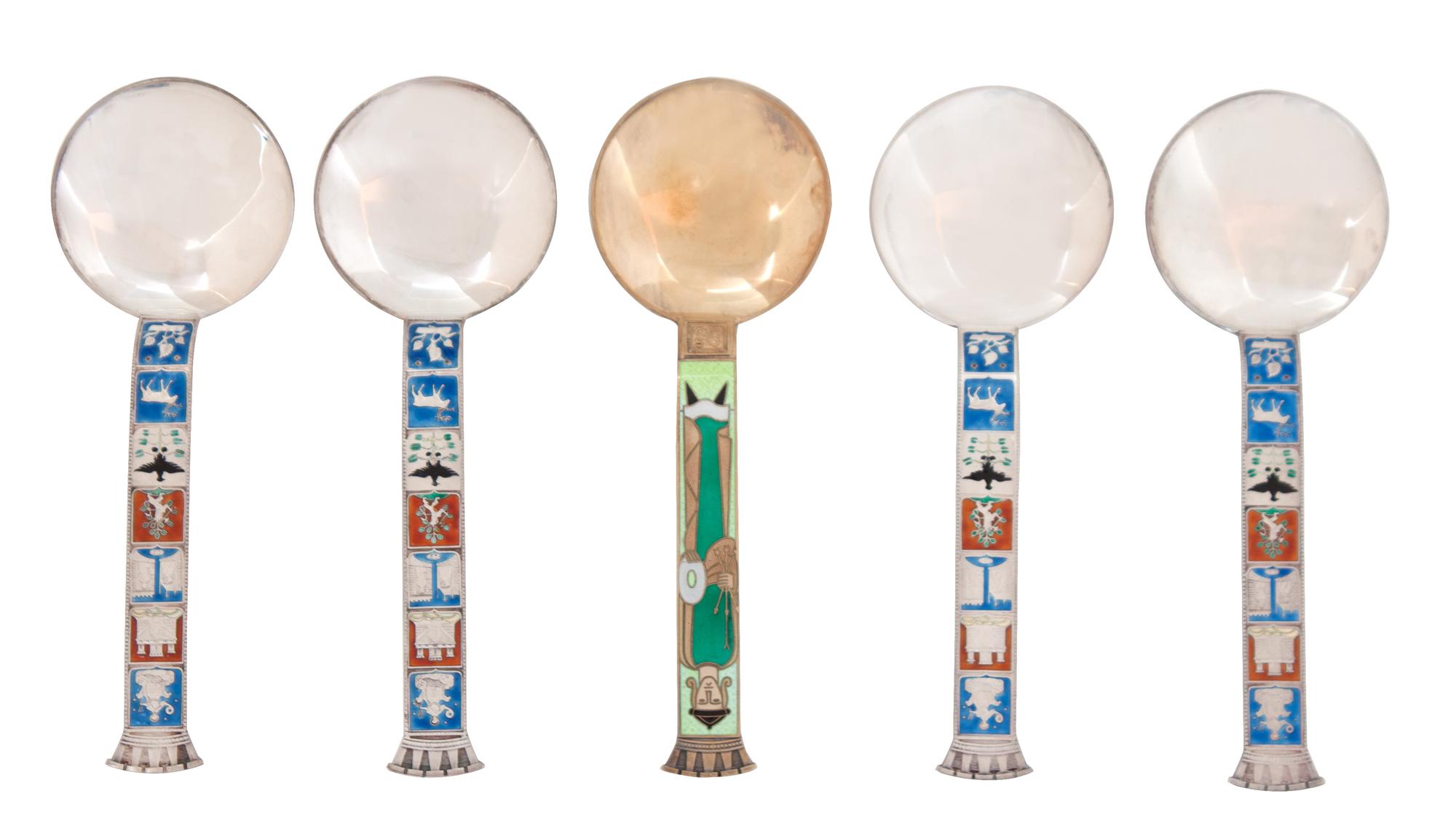 Five Norwegian Silver and Silver Gilt Enameled Spoons, J. Tostrup, Oslo, comprising four silver spoons with armorial decorated handles