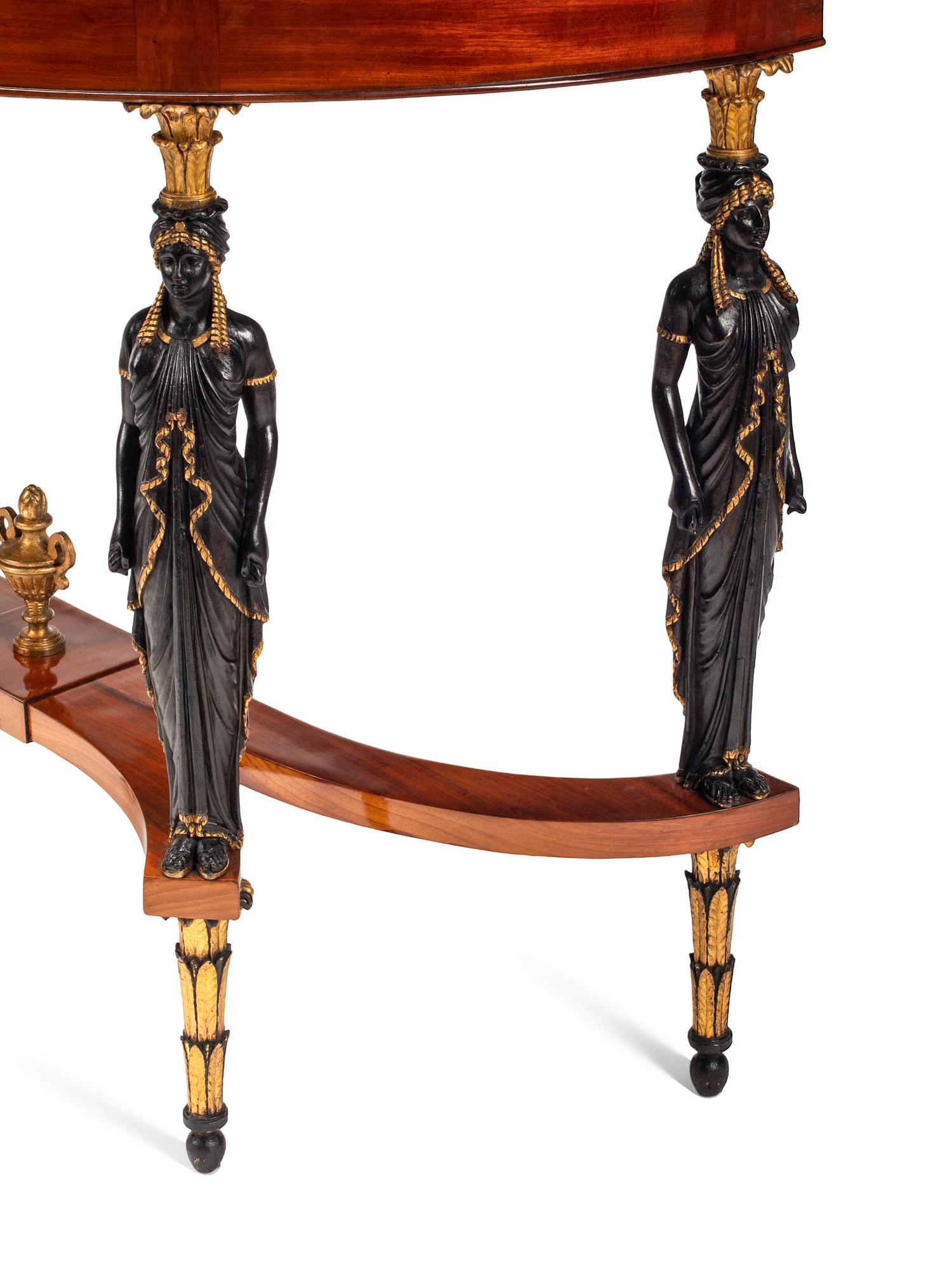 A Pair of Italian Neoclassical Painted and Parcel Gilt Mahogany Marble-Top Console Tables